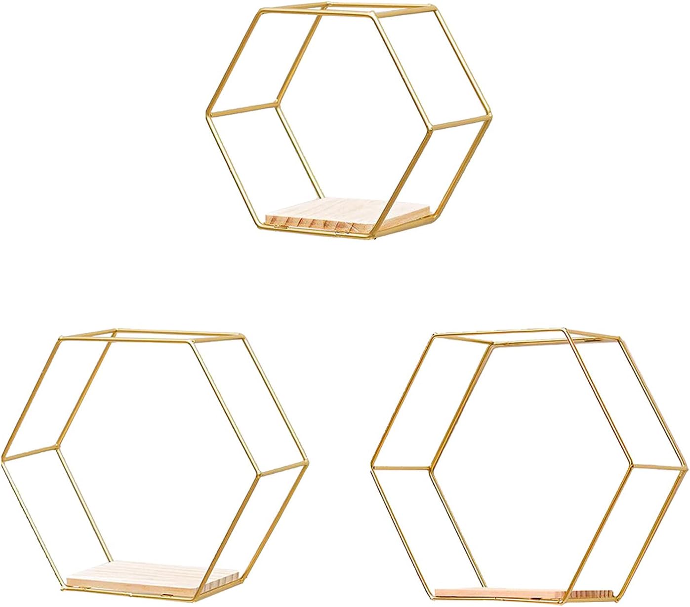 3 Pcs Gold Hexagon Wall Shelves, Floating Decorative Wire Wall Mounted Shelf, Multi-use Geometric Floating Shelves Metal Shelving for Bedroom Living Room Kitchen Office, 6.7in 9.4in 11in