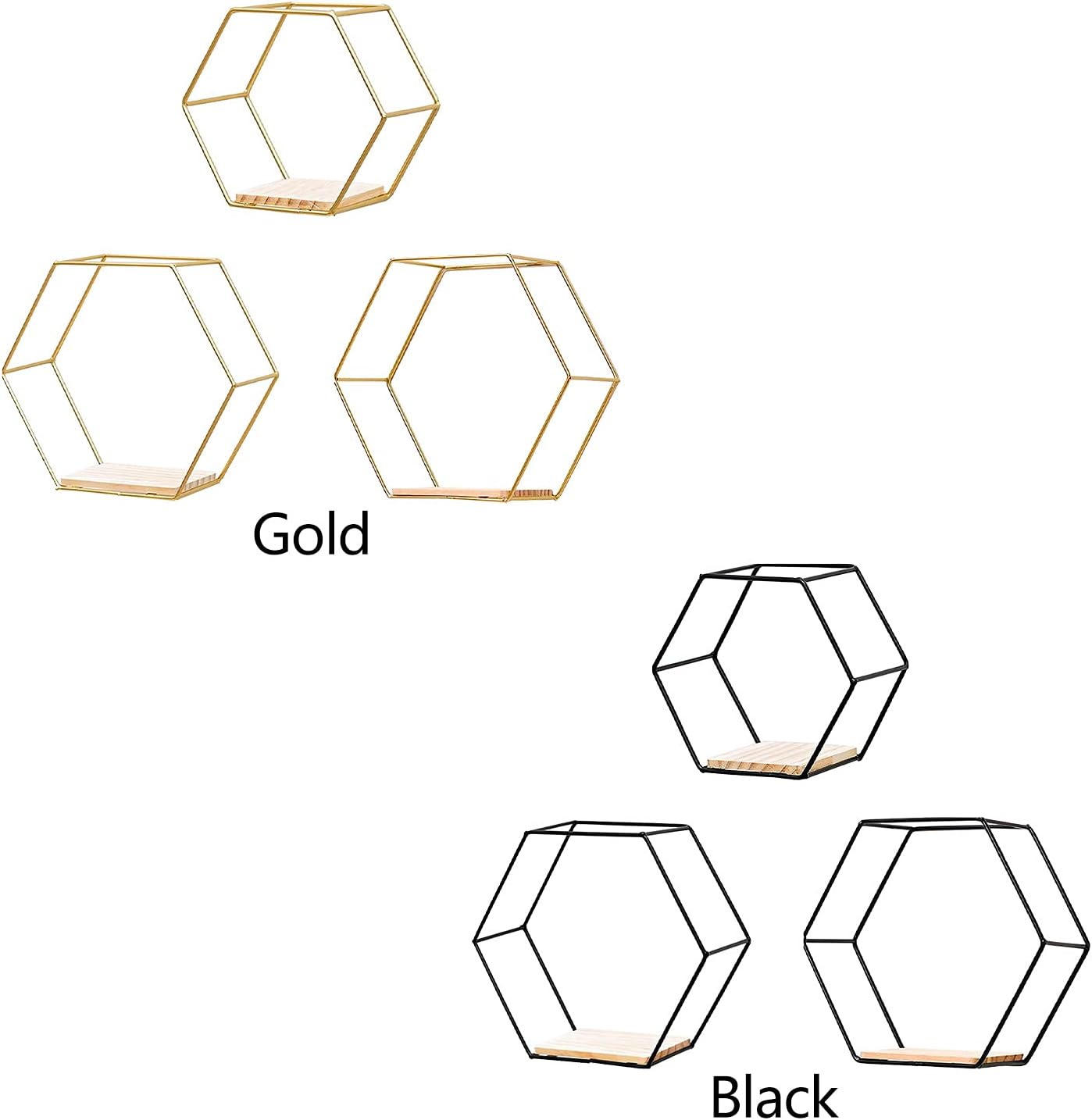 3 Pcs Gold Hexagon Wall Shelves, Floating Decorative Wire Wall Mounted Shelf, Multi-use Geometric Floating Shelves Metal Shelving for Bedroom Living Room Kitchen Office, 6.7in 9.4in 11in