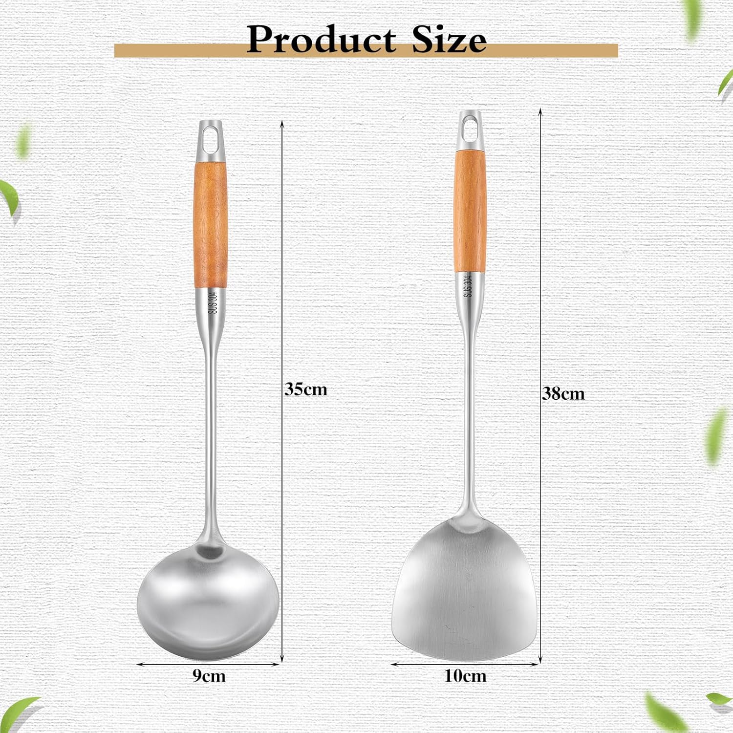 TsunNee 2PCS Stainless Steel Kitchen Utensil Set, 304 Stainless Steel Wok Spatula and Soup Ladle Set with Long Heat-Resistant Wooden Handle
