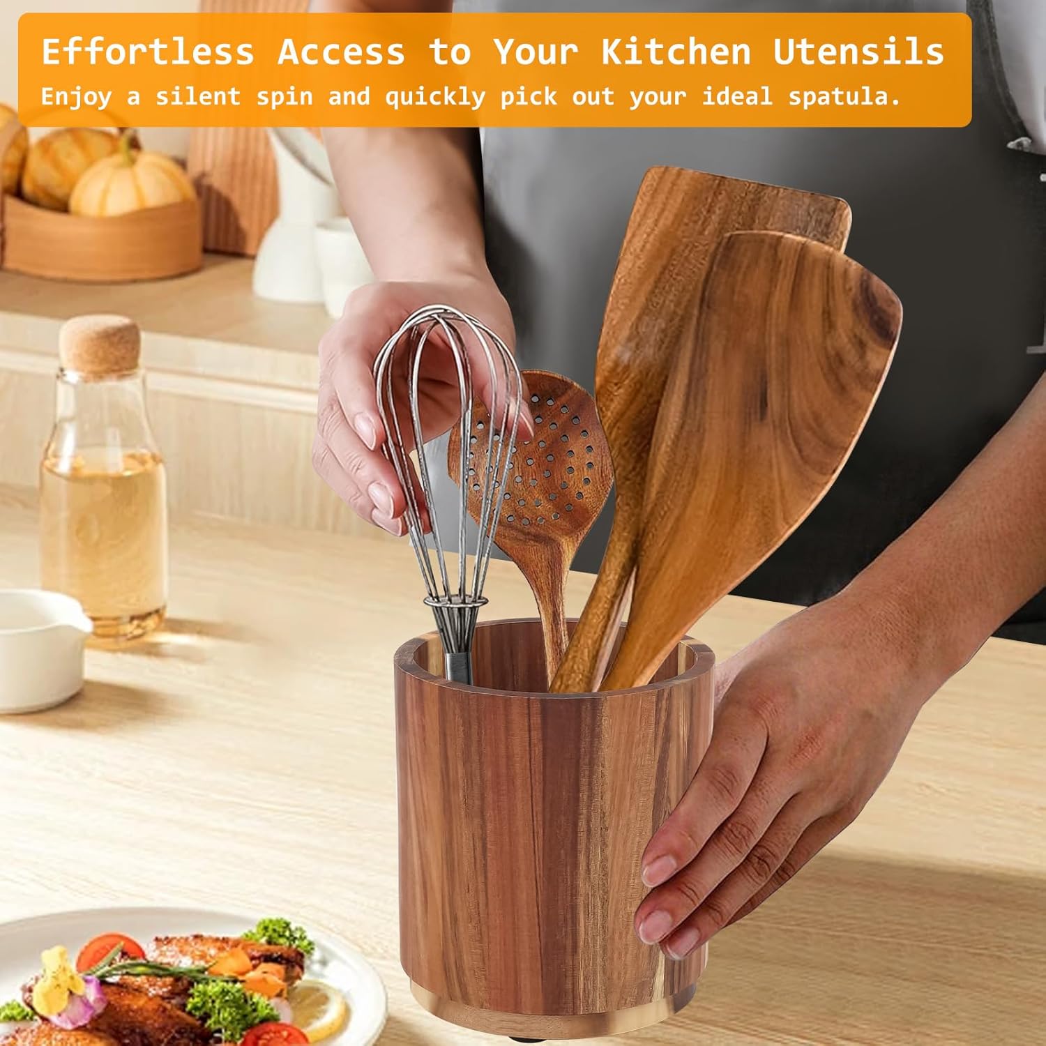 Kitchen Utensil Holder - Acacia Wood with 360 Degree Rotatable - Suitable for 15-20 Pieces - With Non-Slip Bottom - Round Organizer