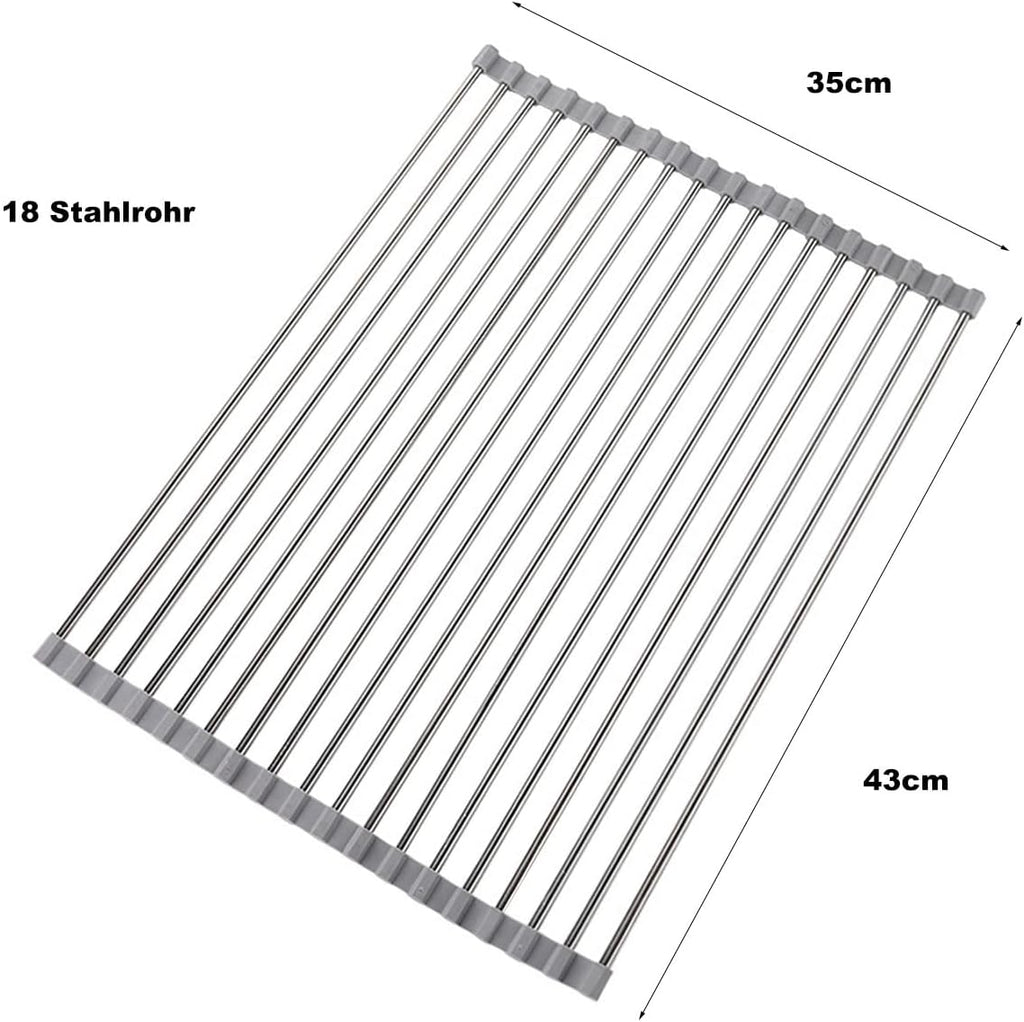 Roll-up Dish Draining Rack Grey - 43 x 35 cm - Sink Roll Mat - Draining Grid for Dishes & Vegetables