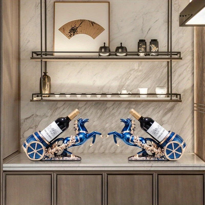 Freestanding Luxury Wine Rack, Stable Partitioned Storage, Hand-Carved "Success at First Attempt" Horse, Housewarming Gift.BLUE