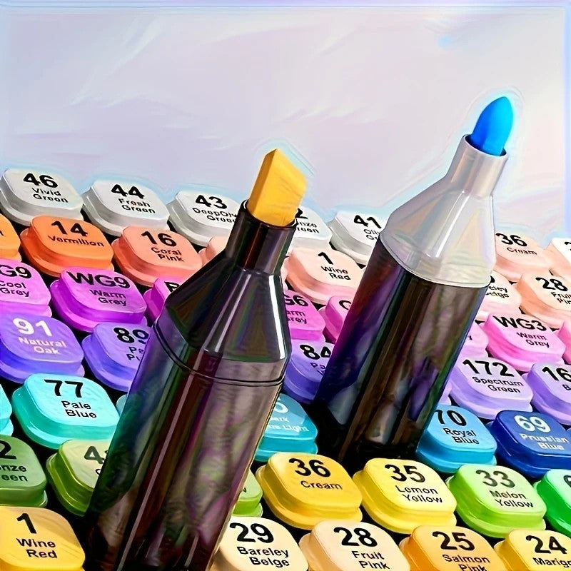 36-color dual-tip markers, featuring fine and broad tips, quick-drying, suitable for student drawing and hand sketching, offering smooth color application and no bleed-through on paper.