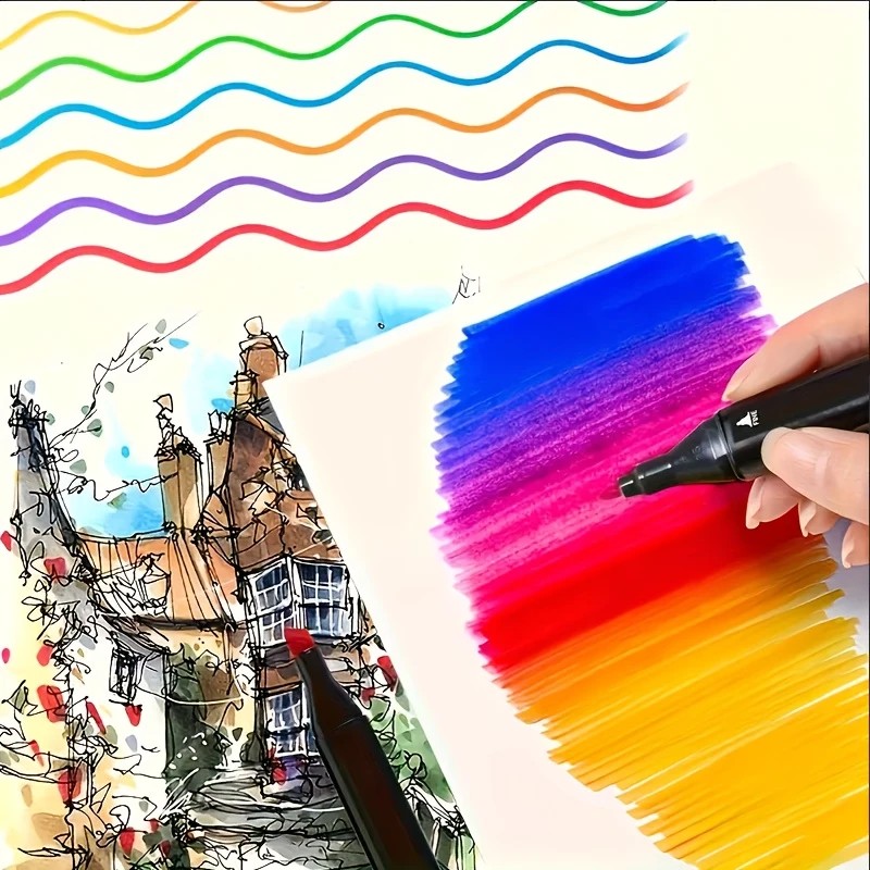 36-color dual-tip markers, featuring fine and broad tips, quick-drying, suitable for student drawing and hand sketching, offering smooth color application and no bleed-through on paper.