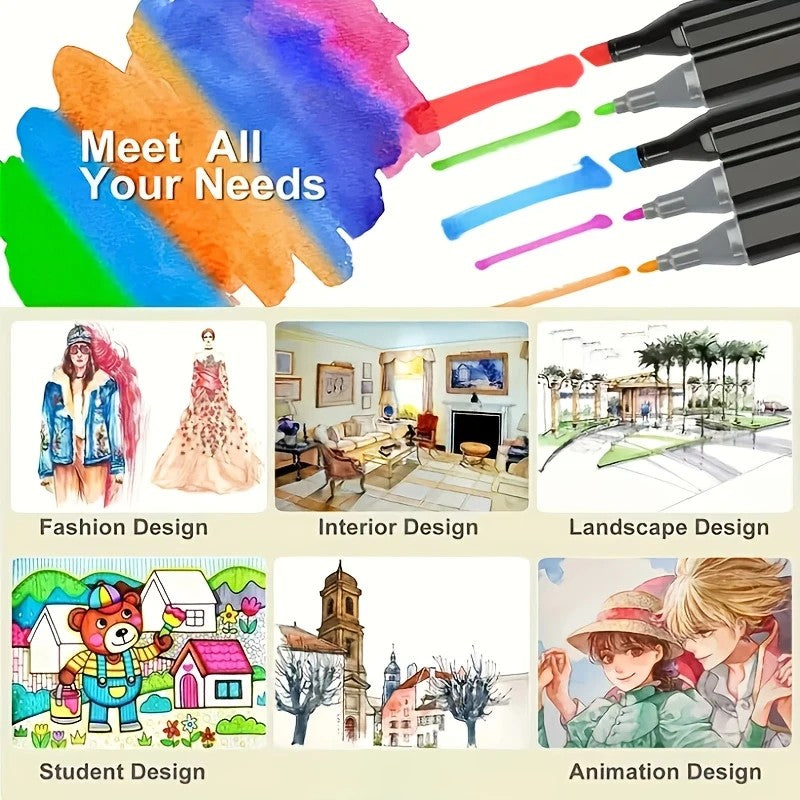 36-color dual-tip markers, featuring fine and broad tips, quick-drying, suitable for student drawing and hand sketching, offering smooth color application and no bleed-through on paper.