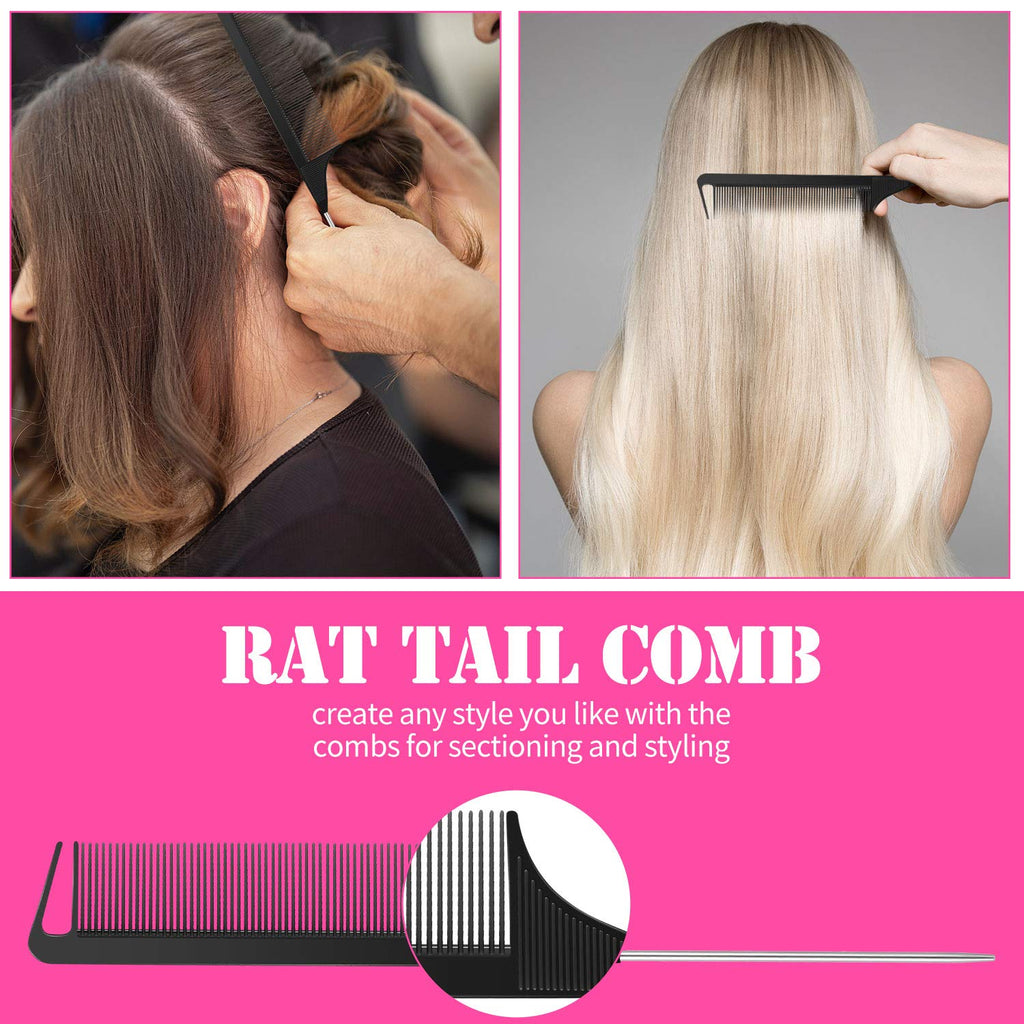 Hair Comb Set, 8 Pieces Rat Tail Combs, Teasing Combs, and Hand-held Alligator Clips, Carbon Fiber & Metal, for Hair Stylist, Braiding, Hair Women Girls, Daily Use