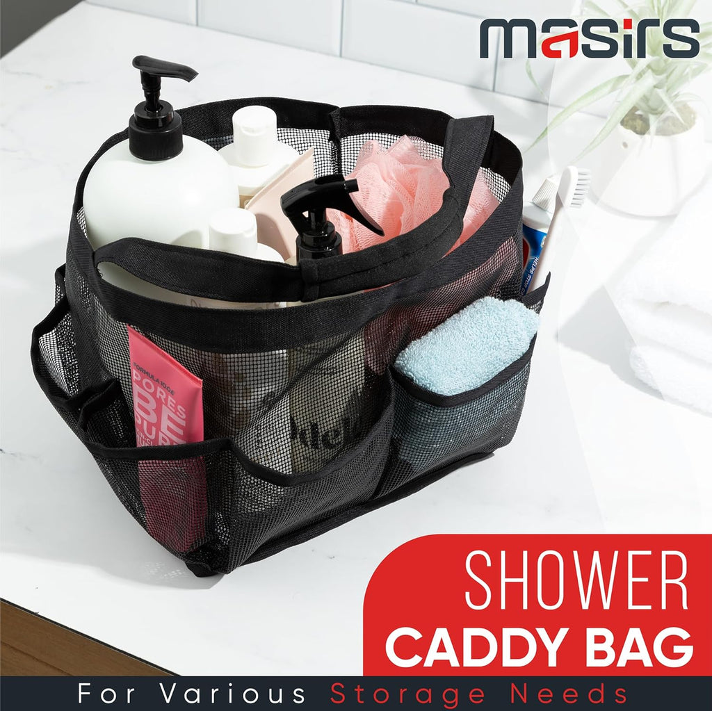 Shower Caddy Mesh - 9 Pocket Portable Bathroom Organizer Tote for Travel, Gym & Dorm - Collapsible Small Shower Caddy Bag to Hold Toiletries & Essentials (Black)