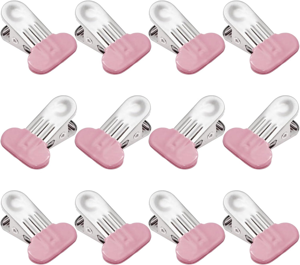 12 Pack Chip Bag Clips with Silicone Edges, 1.5 Inches Wide Chip Clips Food Clips Bag Clips Stainless Steel Food Bag Clips - Air Tight Seal, Heavy Duty for Kitchen and Office, Pink