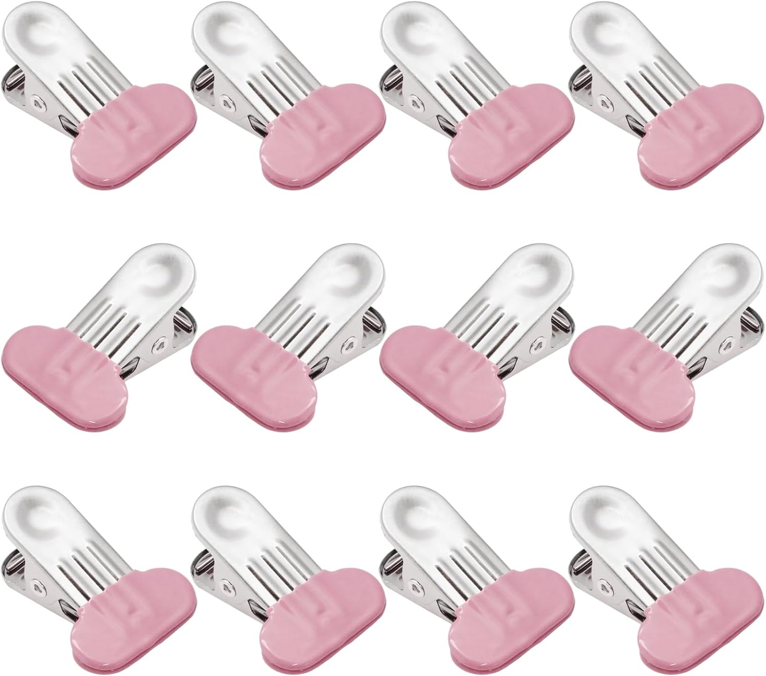 12 Pack Chip Bag Clips with Silicone Edges, 1.5 Inches Wide Chip Clips Food Clips Bag Clips Stainless Steel Food Bag Clips - Air Tight Seal, Heavy Duty for Kitchen and Office, Pink