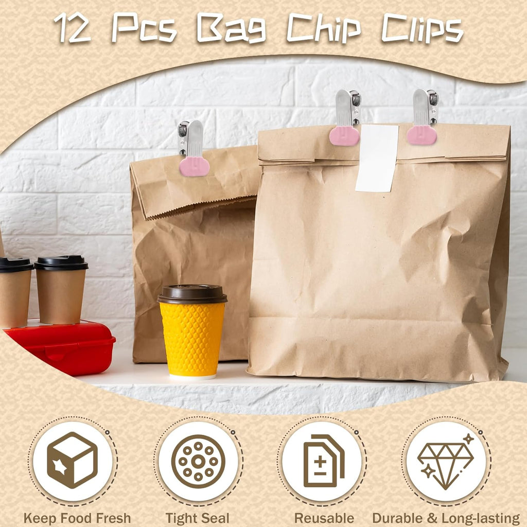 12 Pack Chip Bag Clips with Silicone Edges, 1.5 Inches Wide Chip Clips Food Clips Bag Clips Stainless Steel Food Bag Clips - Air Tight Seal, Heavy Duty for Kitchen and Office, Pink