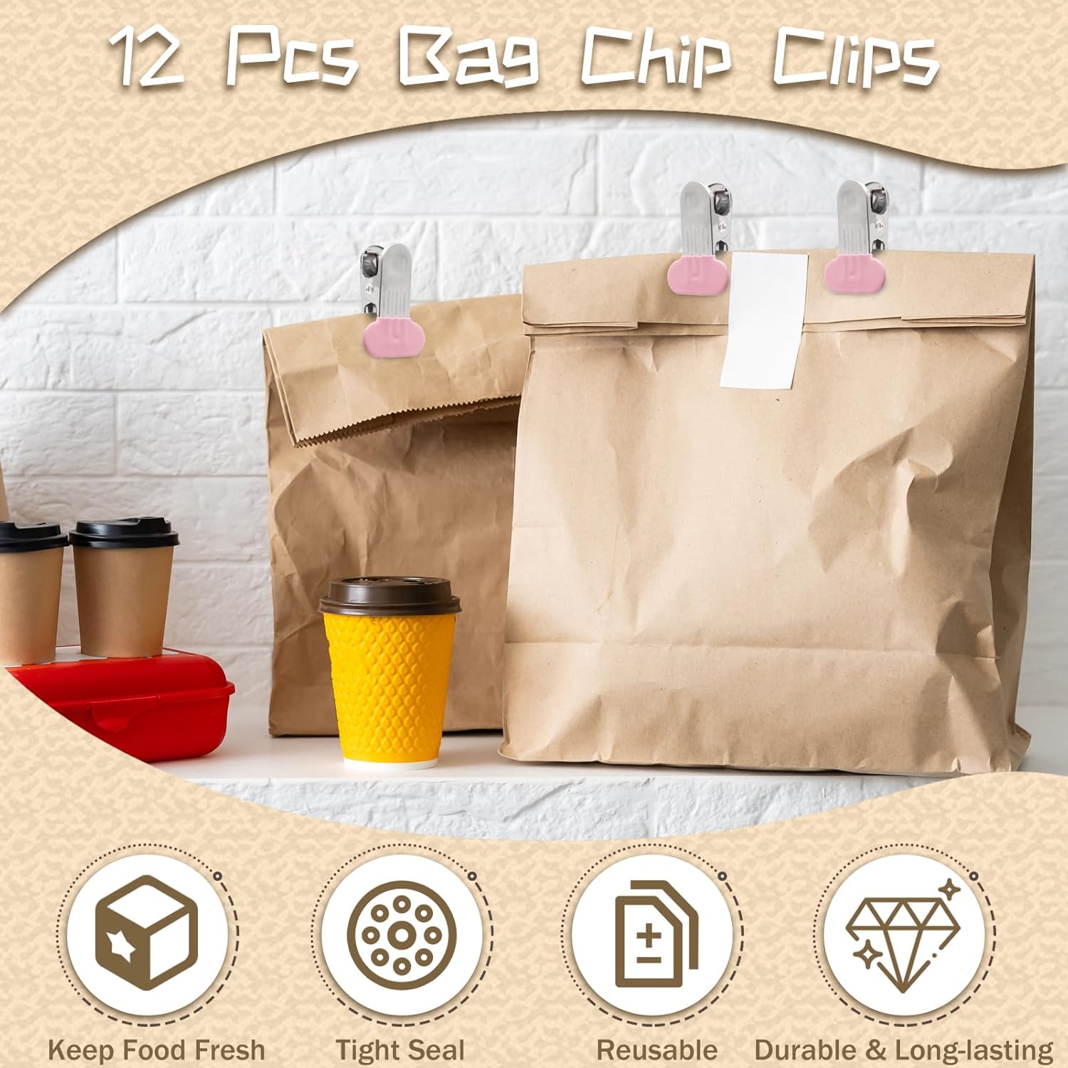 12 Pack Chip Bag Clips with Silicone Edges, 1.5 Inches Wide Chip Clips Food Clips Bag Clips Stainless Steel Food Bag Clips - Air Tight Seal, Heavy Duty for Kitchen and Office, Pink