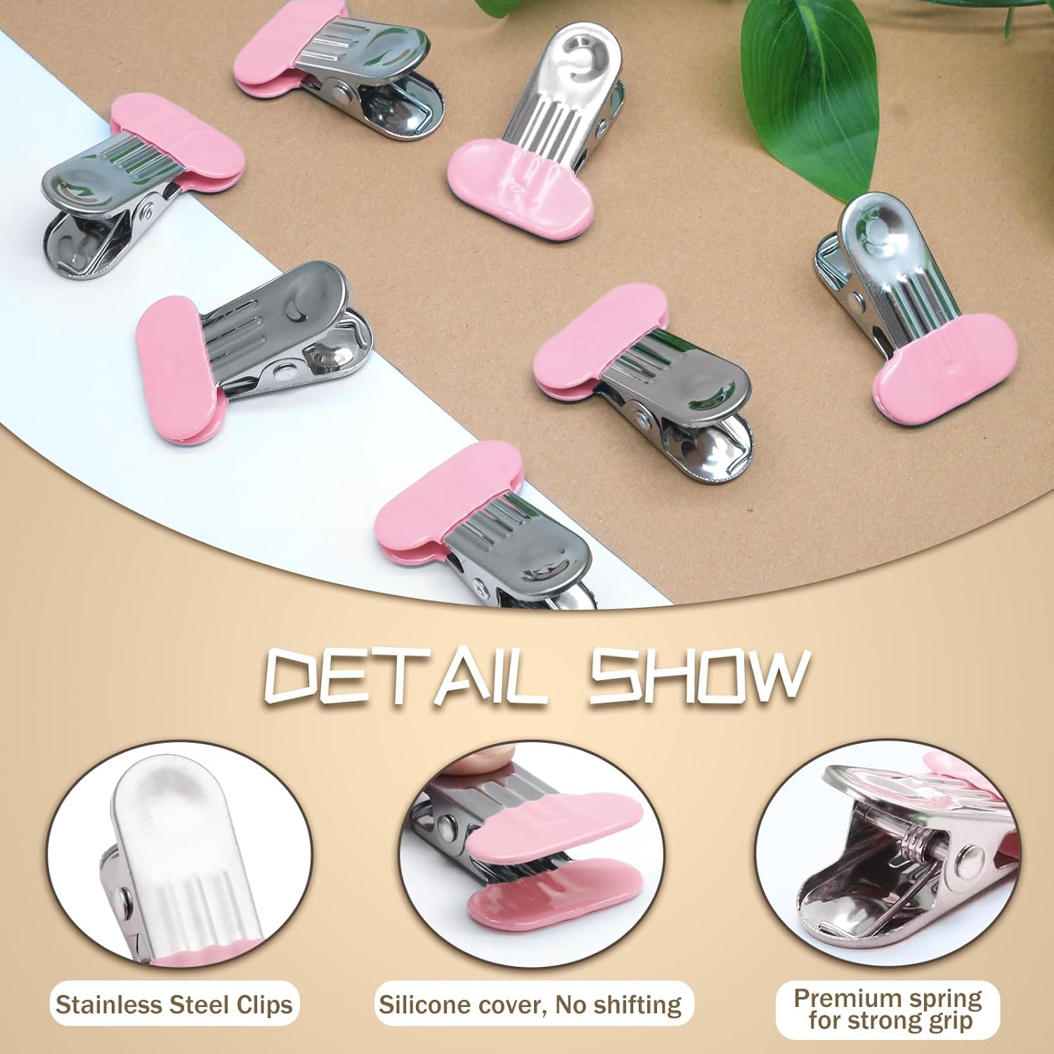 12 Pack Chip Bag Clips with Silicone Edges, 1.5 Inches Wide Chip Clips Food Clips Bag Clips Stainless Steel Food Bag Clips - Air Tight Seal, Heavy Duty for Kitchen and Office, Pink