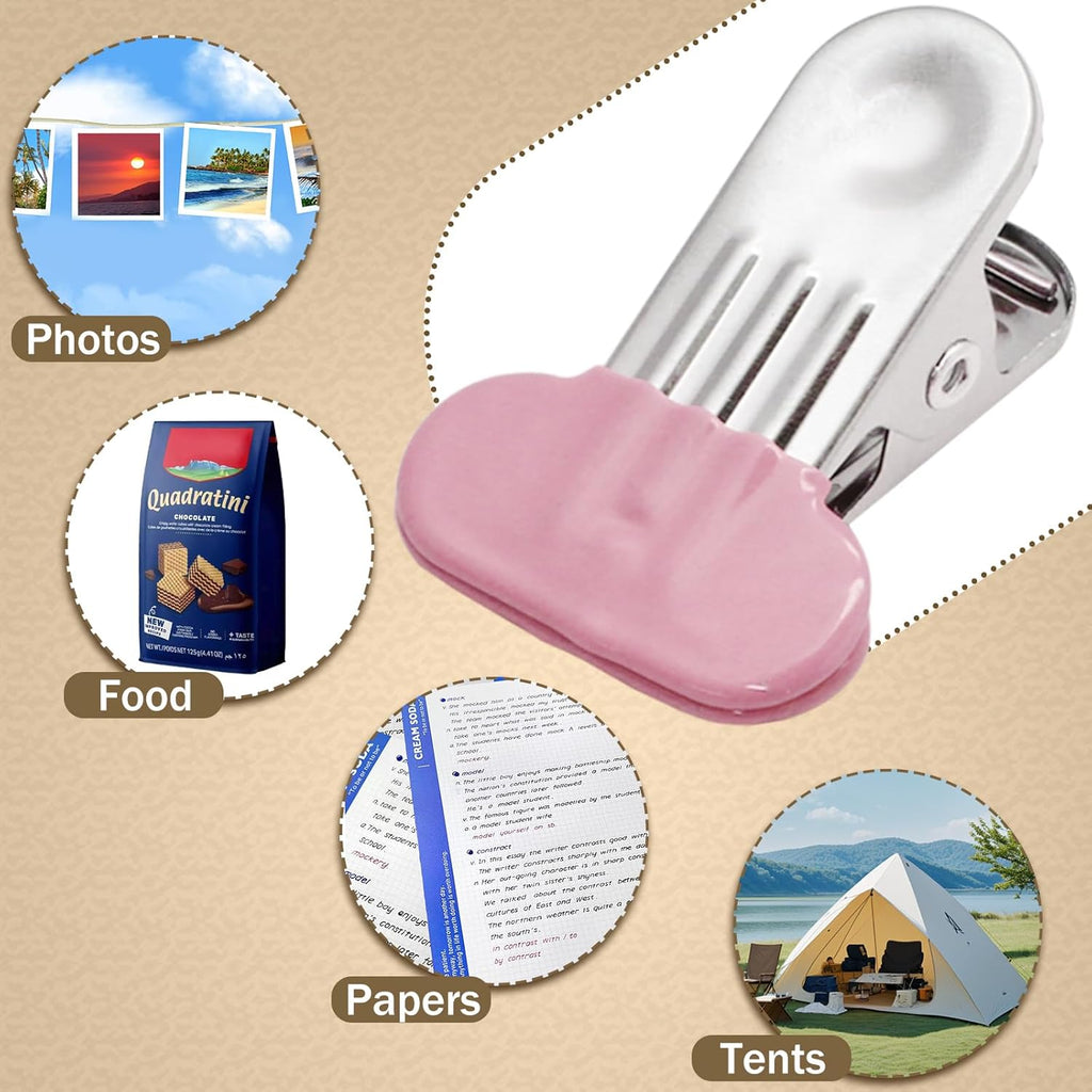 12 Pack Chip Bag Clips with Silicone Edges, 1.5 Inches Wide Chip Clips Food Clips Bag Clips Stainless Steel Food Bag Clips - Air Tight Seal, Heavy Duty for Kitchen and Office, Pink