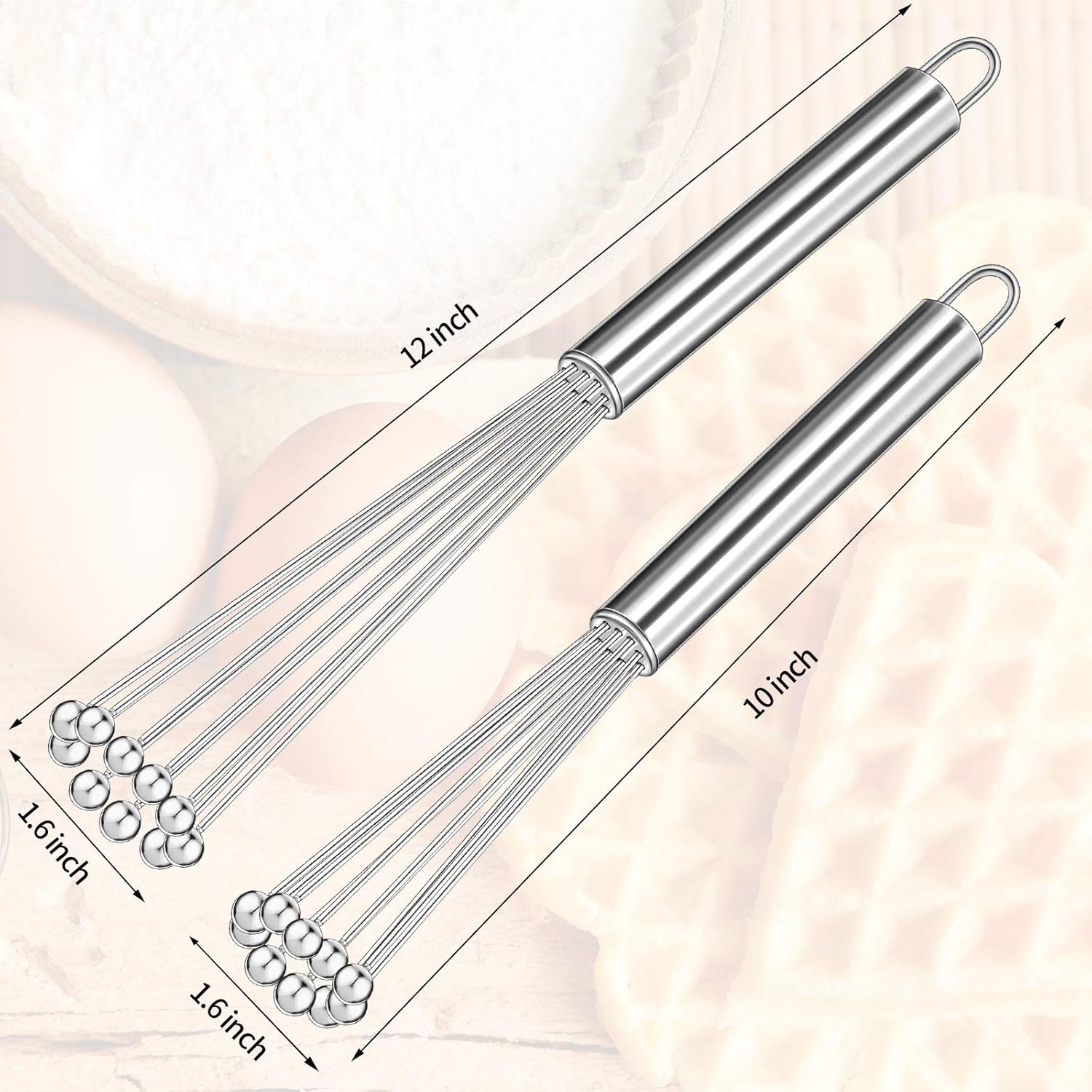 2 Pieces Stainless Steel Ball Whisk Wire Egg Whisk Set Kitchen for Cooking, Blending, Whisking, Beating, Stirring(10 Inch and 12 Inch)