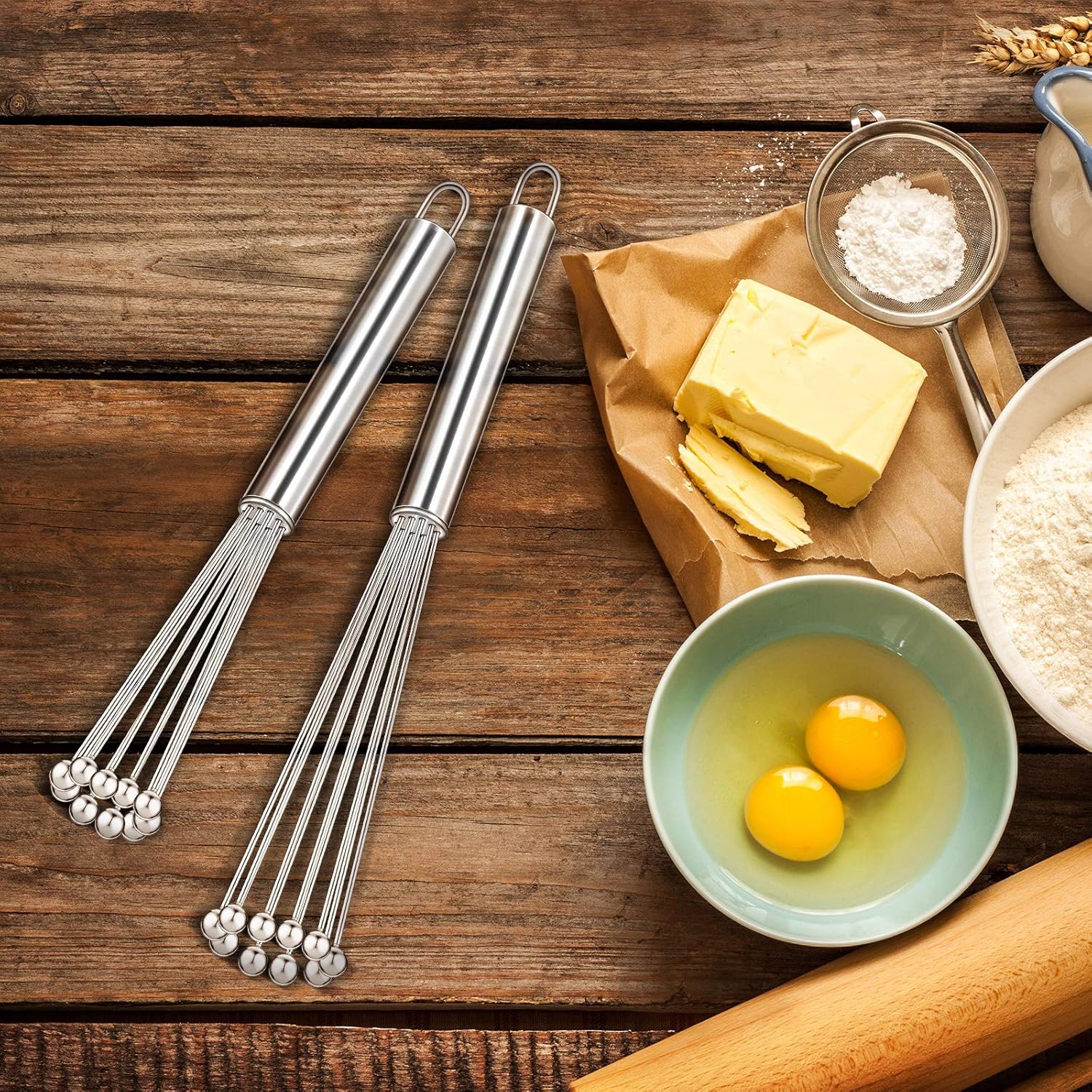 2 Pieces Stainless Steel Ball Whisk Wire Egg Whisk Set Kitchen for Cooking, Blending, Whisking, Beating, Stirring(10 Inch and 12 Inch)