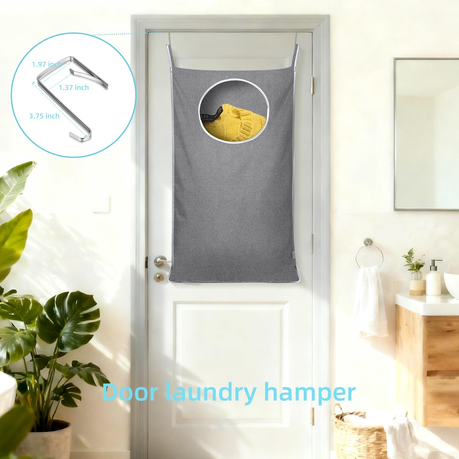 Hanging Laundry Hamper Bag with 2 Different Types of Hooks, Size 20 x 30 Inch Door Laundry Hamper Storage Bag for Dirty Clothes, Blankets, and Toys (Grey, 1-Pack)