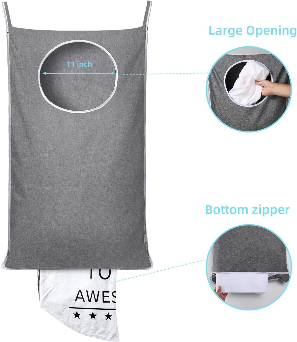 Hanging Laundry Hamper Bag with 2 Different Types of Hooks, Size 20 x 30 Inch Door Laundry Hamper Storage Bag for Dirty Clothes, Blankets, and Toys (Grey, 1-Pack)