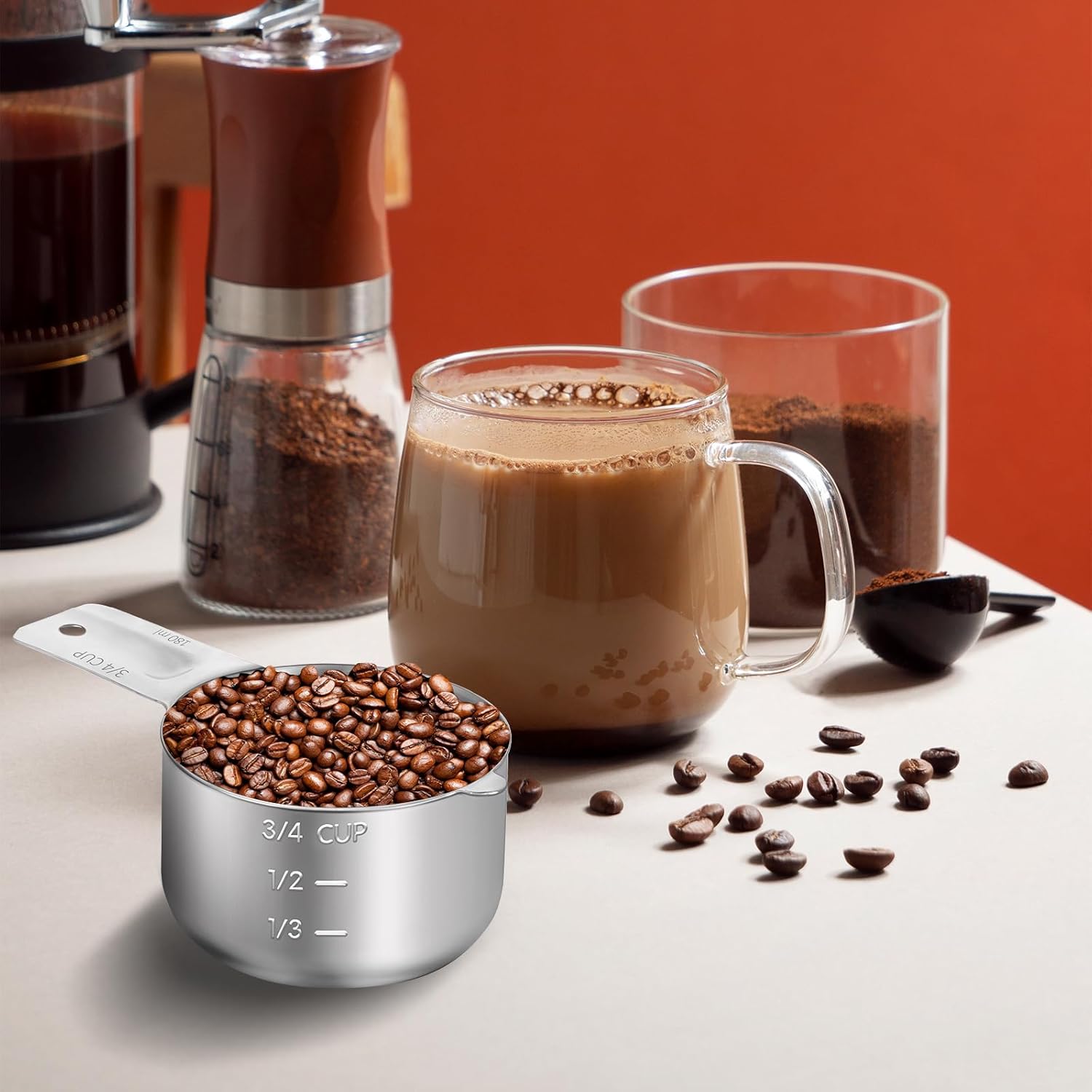 3/4 Cup (180ml, 6oz) Stainless Steel Measuring Cups Measure Scoop for Cooking Baking Coffee, Dishwasher Safe, Metric and US Measurement