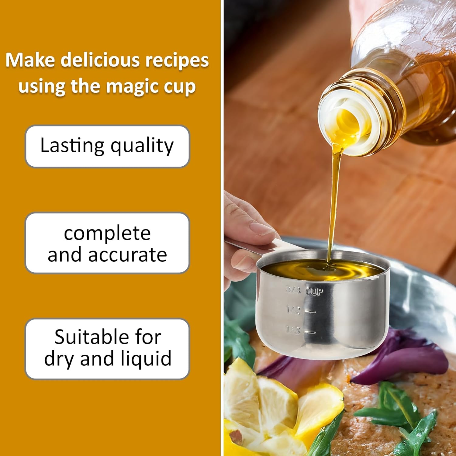 3/4 Cup (180ml, 6oz) Stainless Steel Measuring Cups Measure Scoop for Cooking Baking Coffee, Dishwasher Safe, Metric and US Measurement