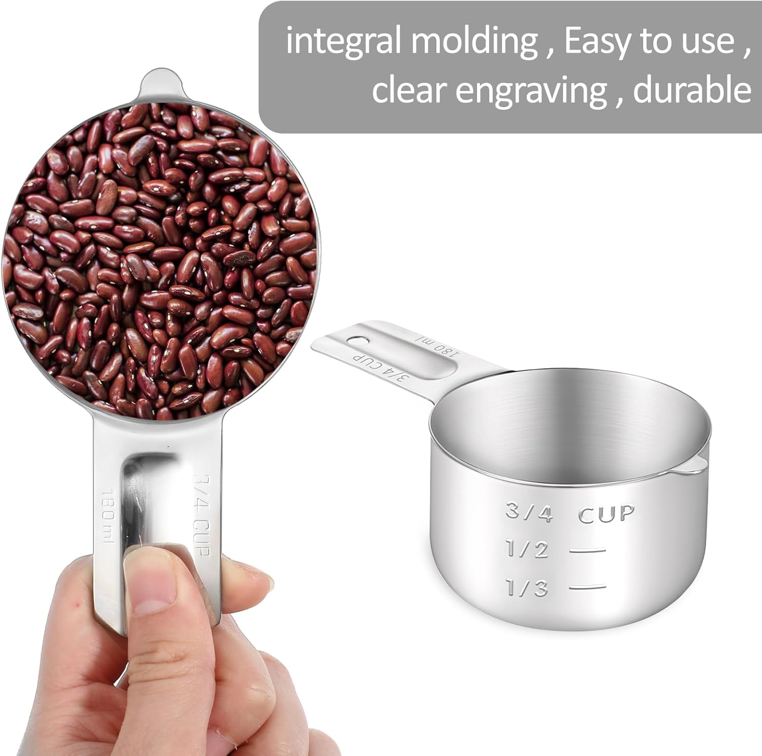 3/4 Cup (180ml, 6oz) Stainless Steel Measuring Cups Measure Scoop for Cooking Baking Coffee, Dishwasher Safe, Metric and US Measurement