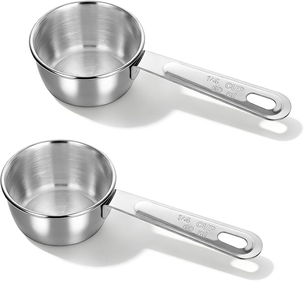 2 Pcs 1/4 Cup Stainless Steel Measuring Cup, 60ml, 2oz Metal Measuring Cups Coffee Measuring Cups Measure Scoop or Cooking, Baking, Kitchen Wet and Dry Ingredients, Dishwasher Safe