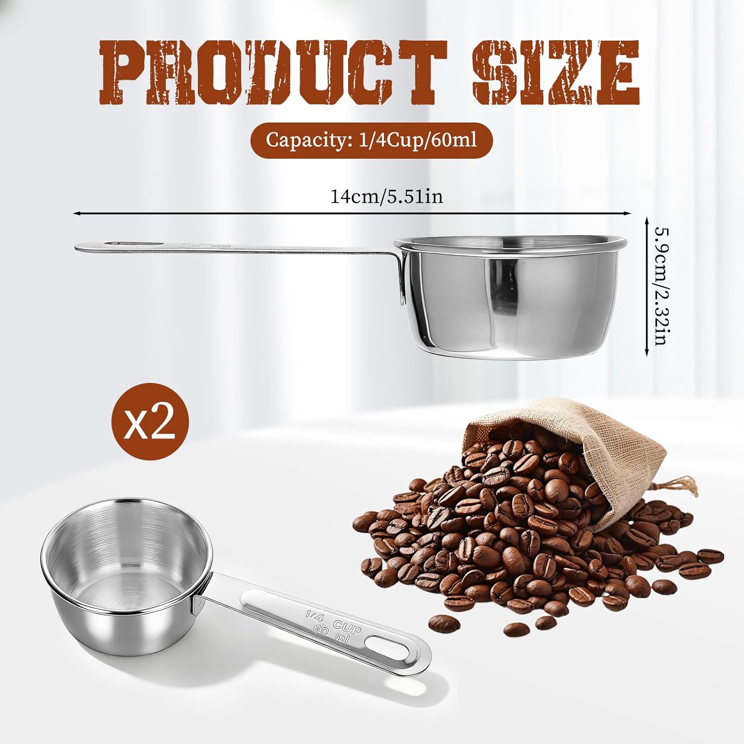 2 Pcs 1/4 Cup Stainless Steel Measuring Cup, 60ml, 2oz Metal Measuring Cups Coffee Measuring Cups Measure Scoop or Cooking, Baking, Kitchen Wet and Dry Ingredients, Dishwasher Safe