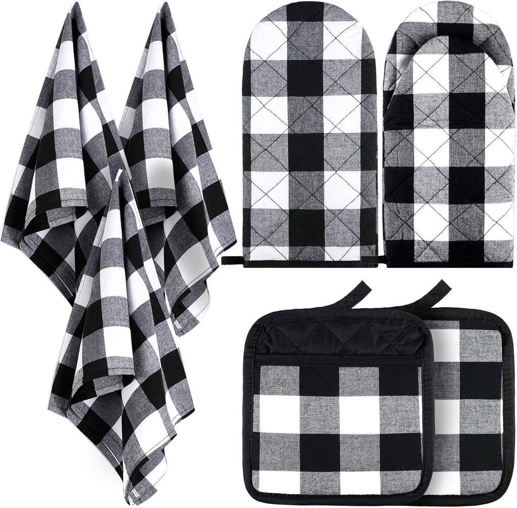 7 Pieces Buffalo Check Dish Towels Pot Holders Oven Mitts Set Cotton Plaid Kitchen Dish Towels Non-Slip Heat Resistant Oven Mitts and Pot Holders for Cooking Baking Grilling Supply (Black with White)