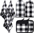 7 Pieces Buffalo Check Dish Towels Pot Holders Oven Mitts Set Cotton Plaid Kitchen Dish Towels Non-Slip Heat Resistant Oven Mitts and Pot Holders for Cooking Baking Grilling Supply (Black with White)