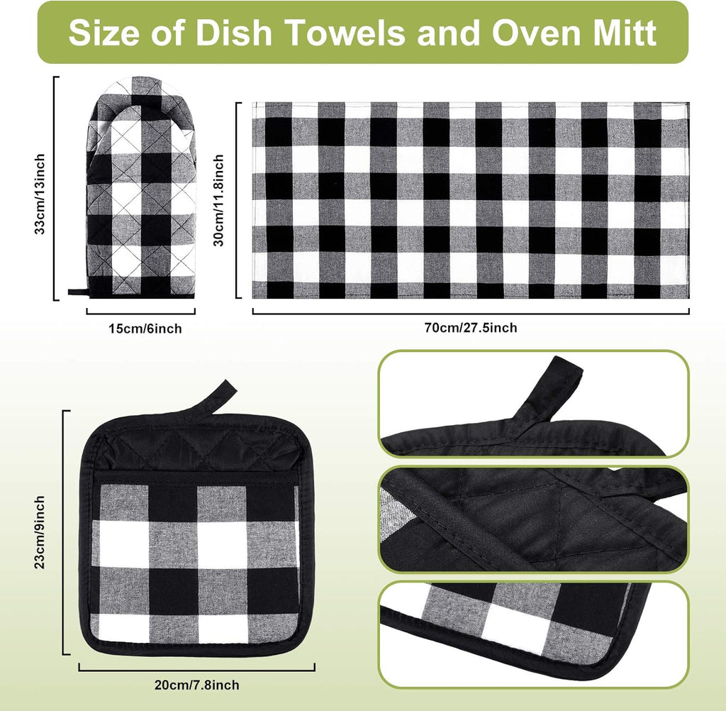 7 Pieces Buffalo Check Dish Towels Pot Holders Oven Mitts Set Cotton Plaid Kitchen Dish Towels Non-Slip Heat Resistant Oven Mitts and Pot Holders for Cooking Baking Grilling Supply (Black with White)