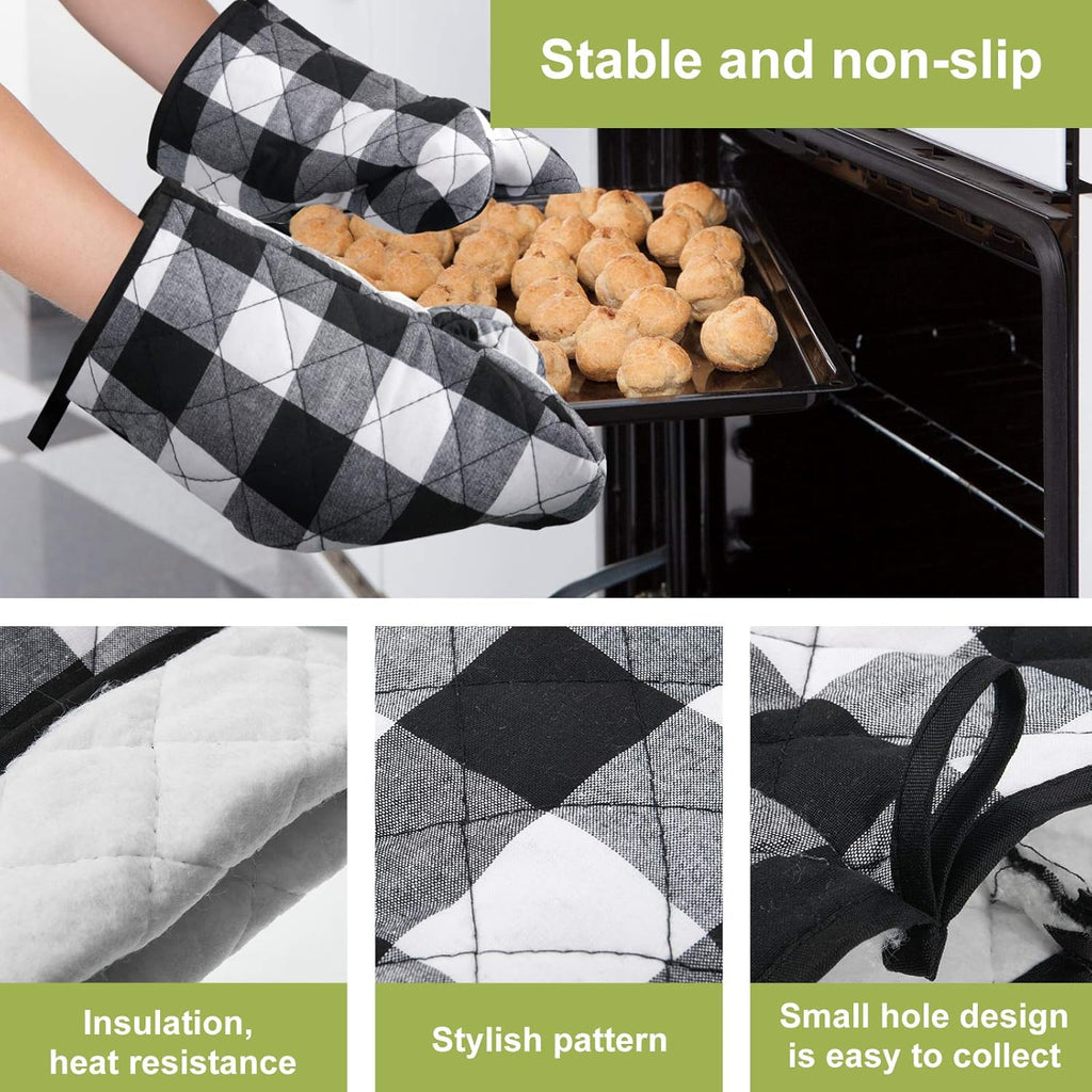 7 Pieces Buffalo Check Dish Towels Pot Holders Oven Mitts Set Cotton Plaid Kitchen Dish Towels Non-Slip Heat Resistant Oven Mitts and Pot Holders for Cooking Baking Grilling Supply (Black with White)