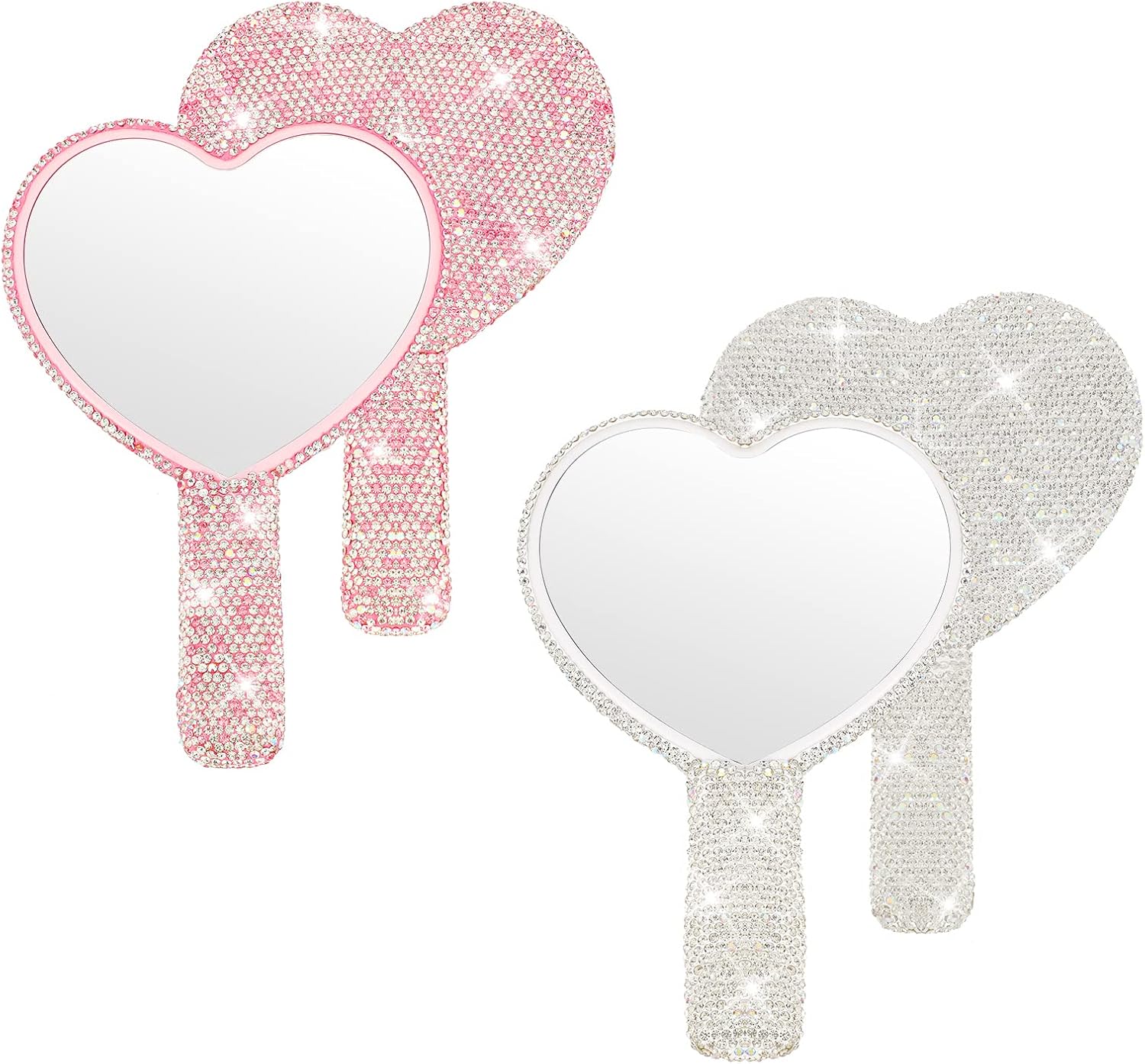 2 Pcs Large Rhinestone Handheld Mirror Heart Shaped Bling Glitter Portable Cosmetic Hand Mirror with Handle for Women Make up Brush Lash(Pink and White)