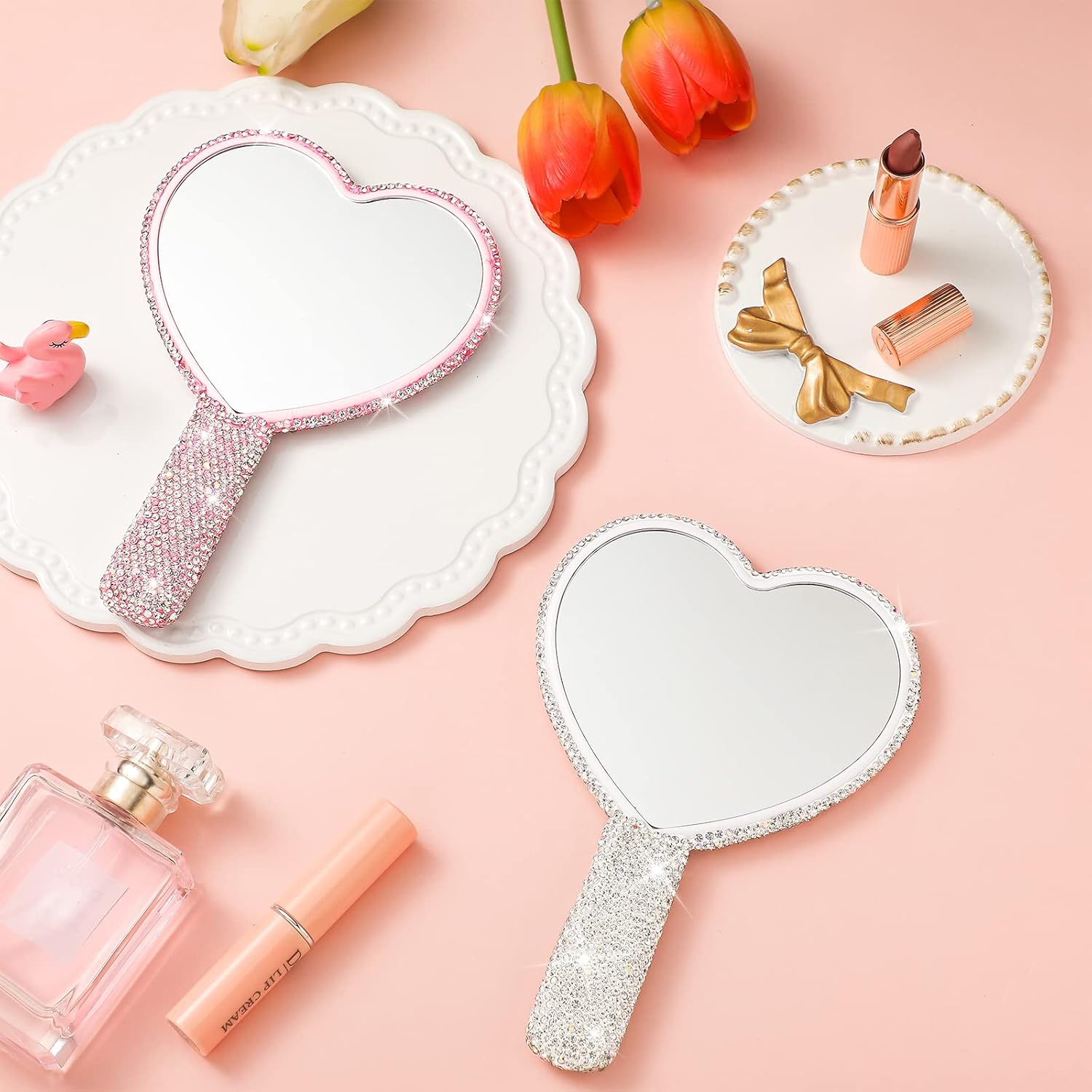 2 Pcs Large Rhinestone Handheld Mirror Heart Shaped Bling Glitter Portable Cosmetic Hand Mirror with Handle for Women Make up Brush Lash(Pink and White)