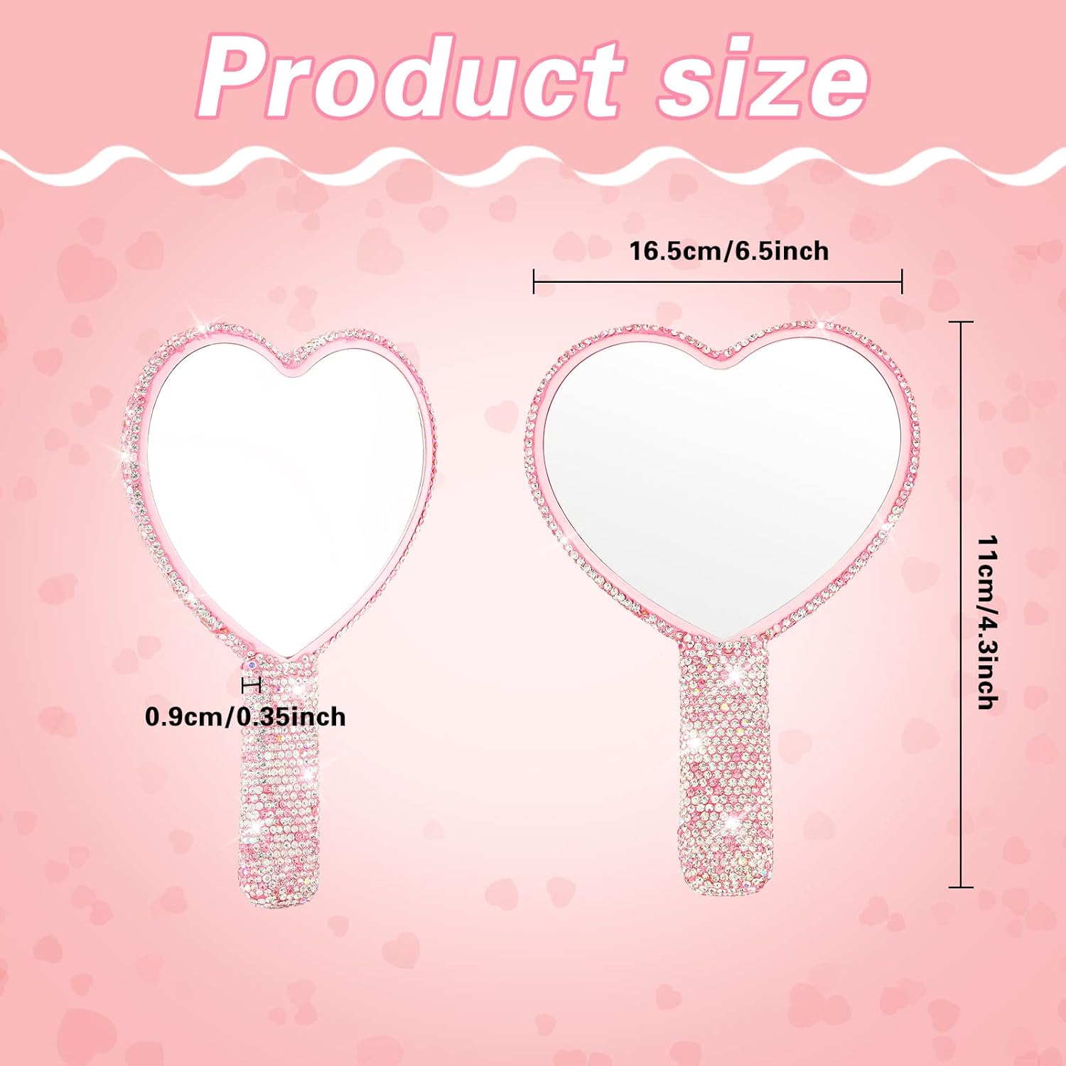 2 Pcs Large Rhinestone Handheld Mirror Heart Shaped Bling Glitter Portable Cosmetic Hand Mirror with Handle for Women Make up Brush Lash(Pink and White)