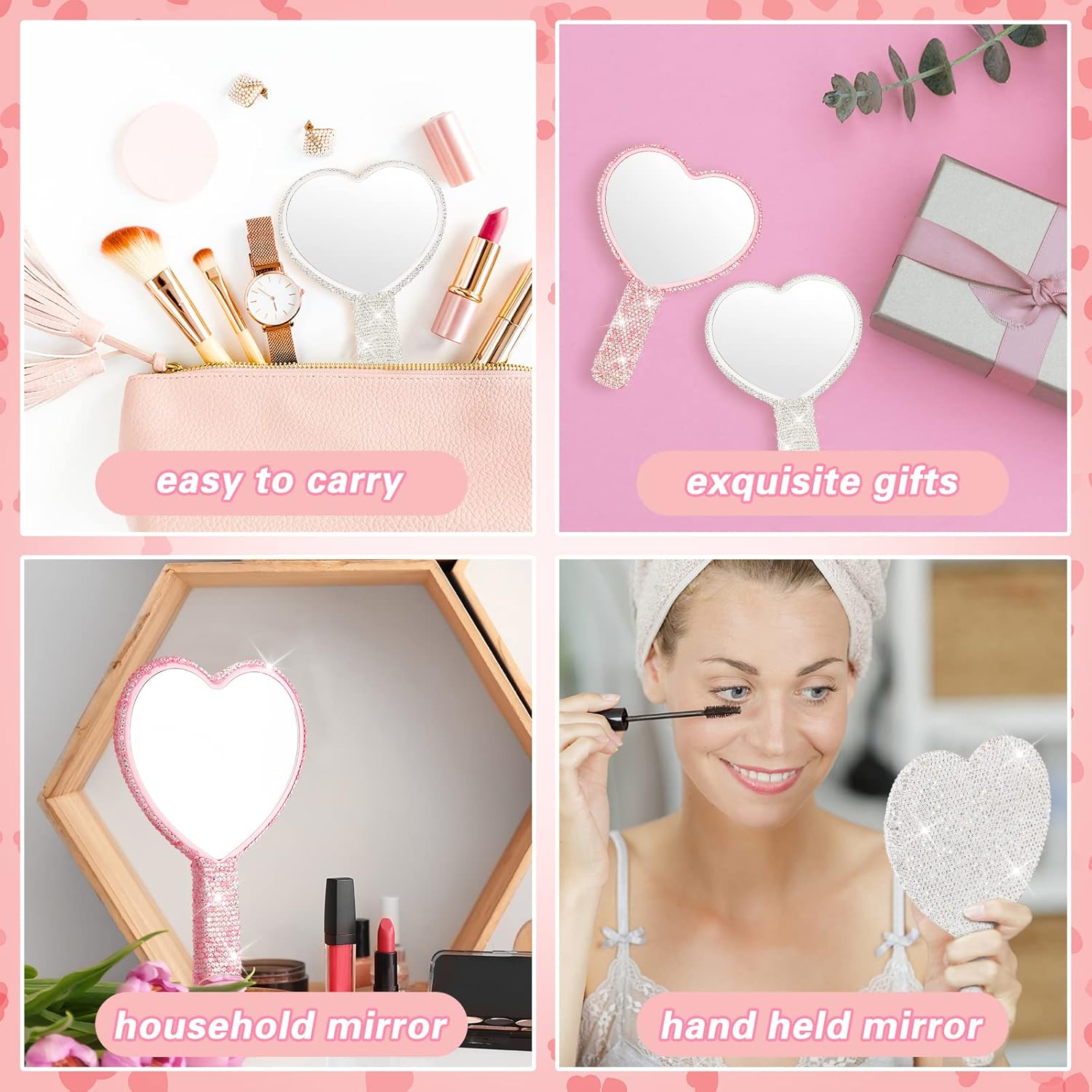 2 Pcs Large Rhinestone Handheld Mirror Heart Shaped Bling Glitter Portable Cosmetic Hand Mirror with Handle for Women Make up Brush Lash(Pink and White)