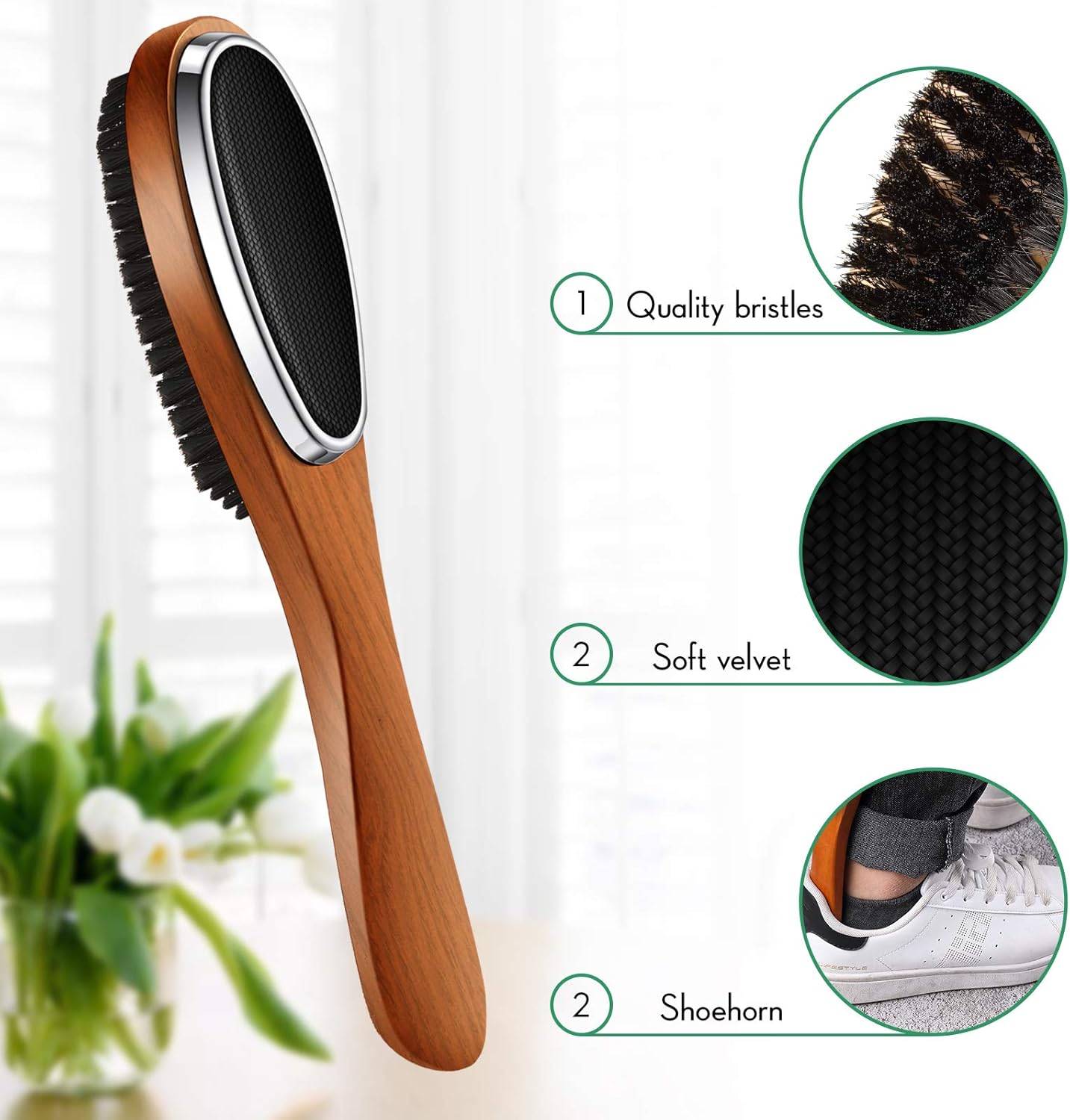 2 Pieces 3 in 1 Lint Cloth Brush Double Sided Garment Brush Lint Remover Shoe Horn Beech Wood Handle for Clothes Wool Coat Couch Pet Hair, Random Color