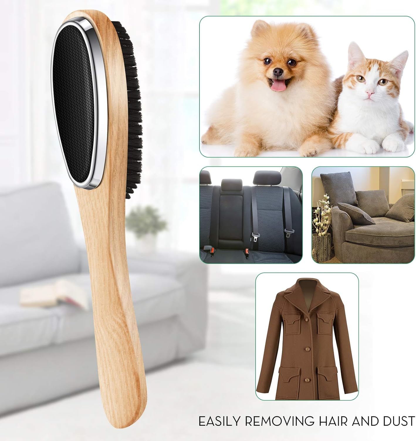 2 Pieces 3 in 1 Lint Cloth Brush Double Sided Garment Brush Lint Remover Shoe Horn Beech Wood Handle for Clothes Wool Coat Couch Pet Hair, Random Color