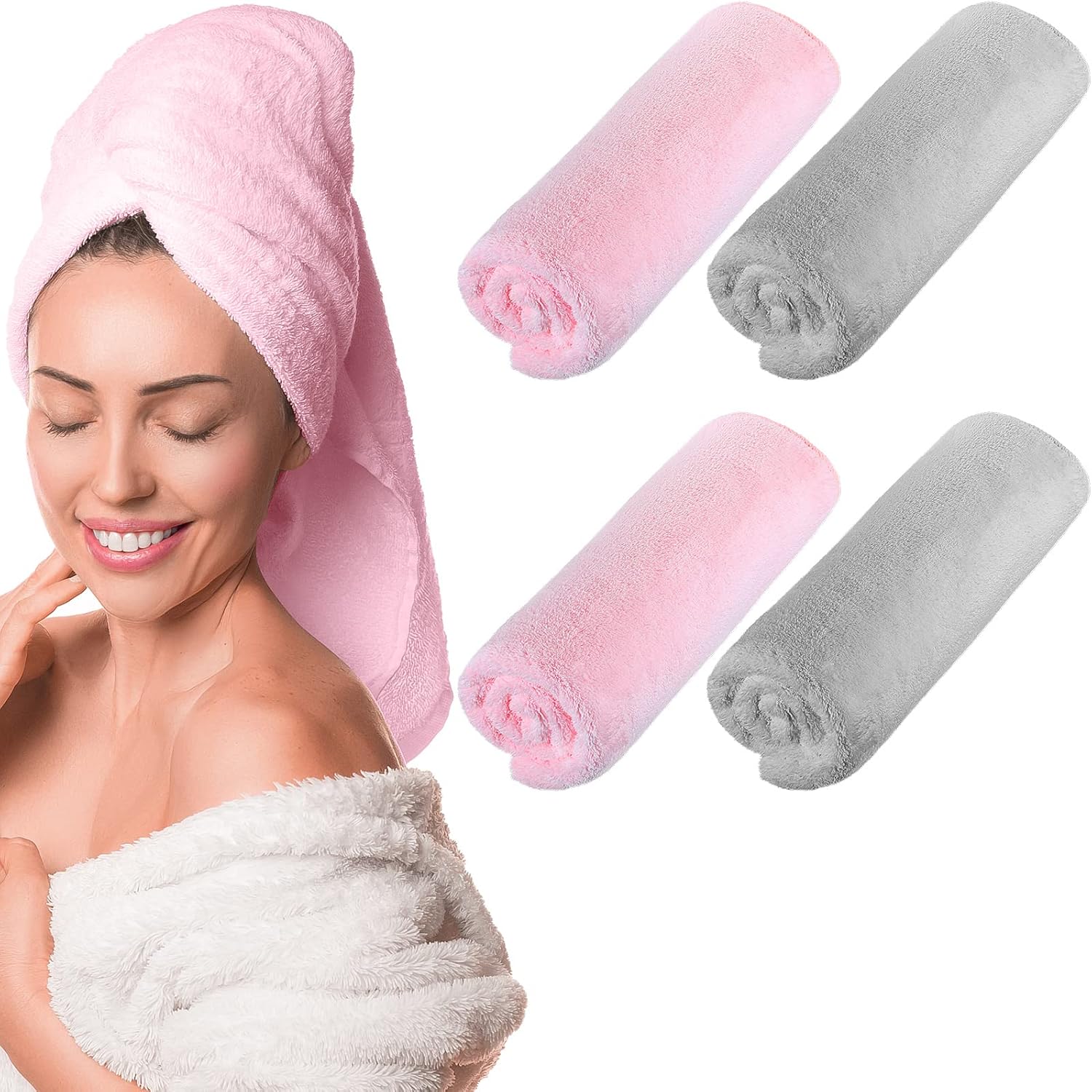 4 Pcs 20 x 40 Large Microfiber Hair Towel for Long Hair Quick Dry Towel Absorbent Turbans Anti Frizz Drying Turbans Wrap for Curly Long Short Women, Pink and Gray