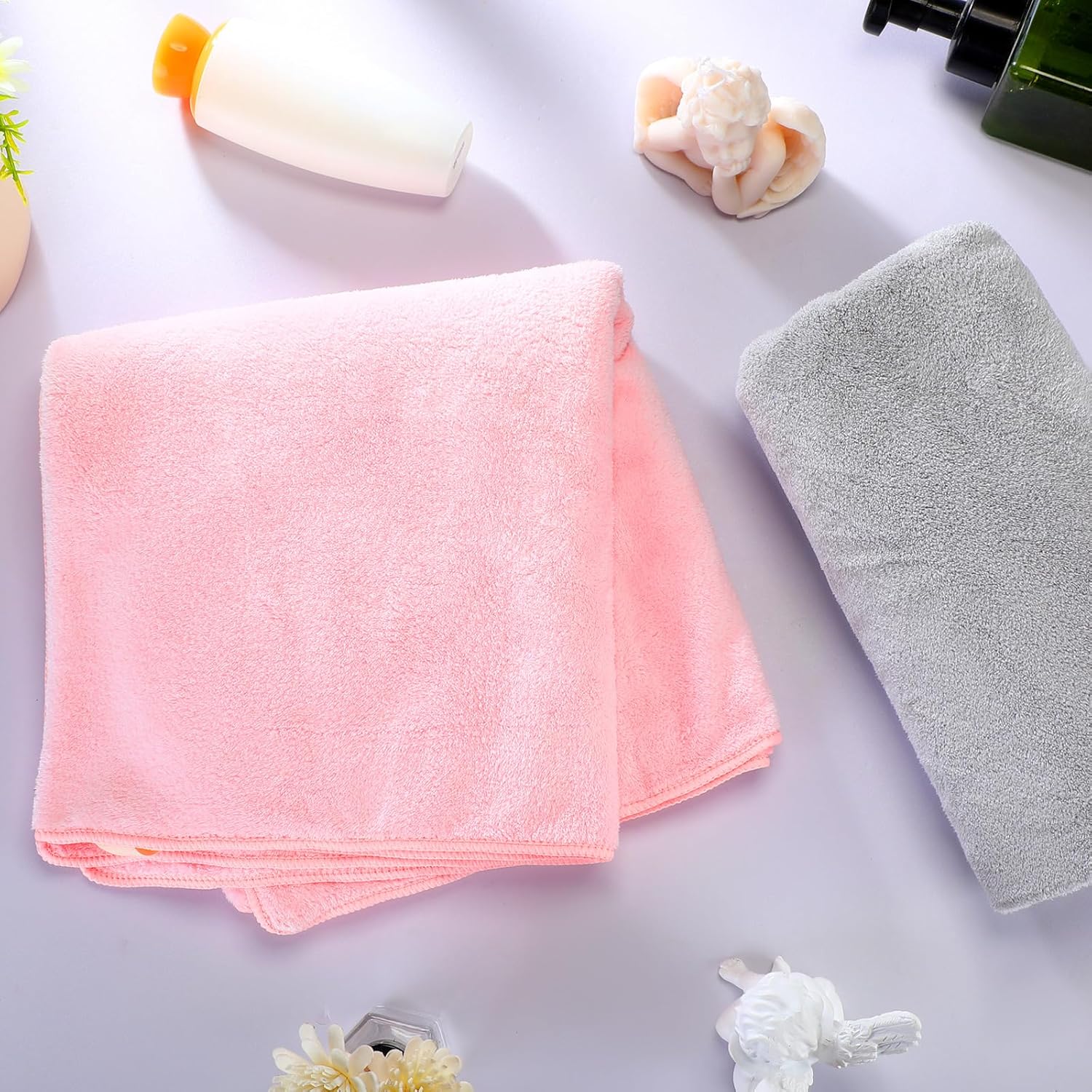 4 Pcs 20 x 40 Large Microfiber Hair Towel for Long Hair Quick Dry Towel Absorbent Turbans Anti Frizz Drying Turbans Wrap for Curly Long Short Women, Pink and Gray