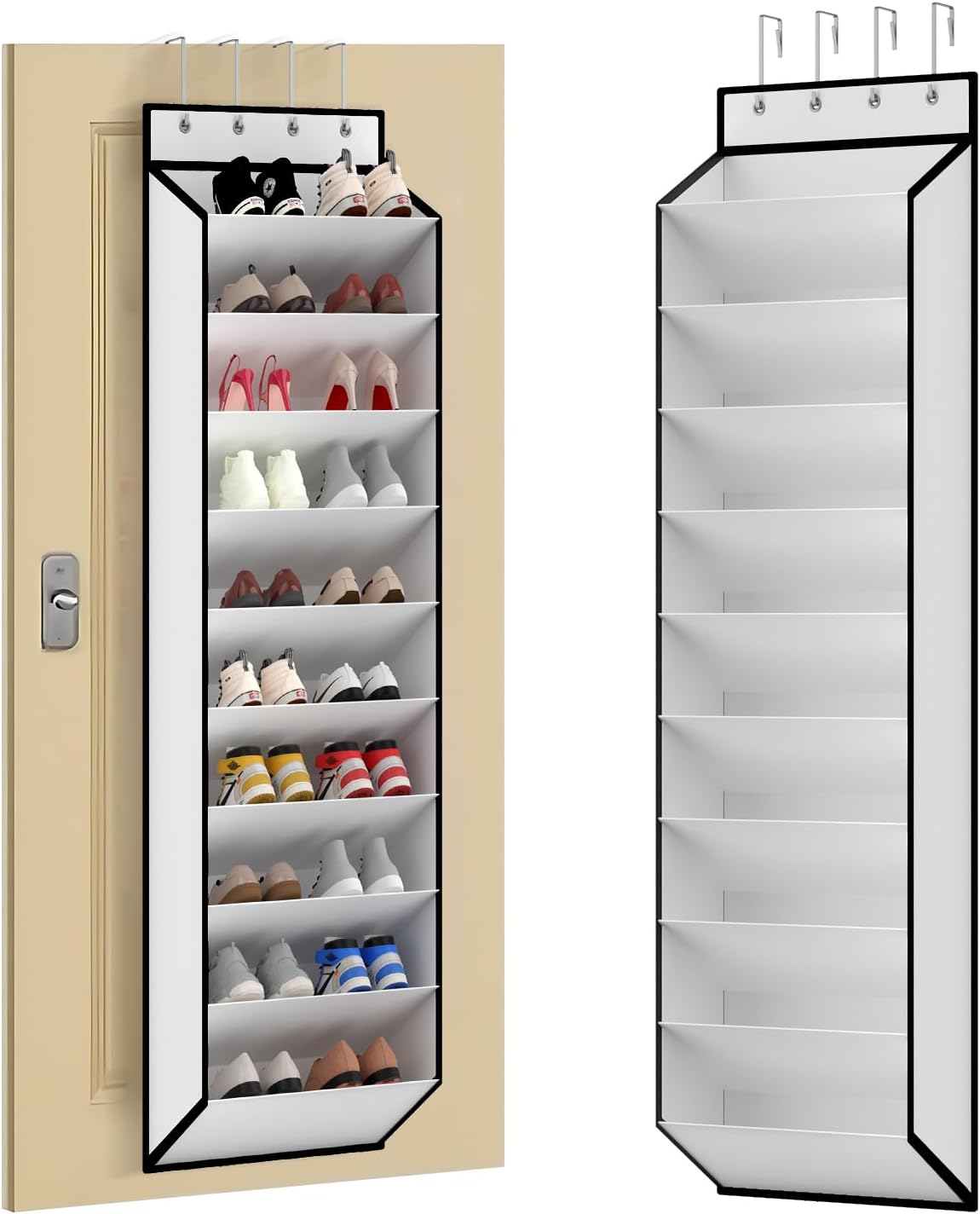 10 Tiers White Over Door Shoe Organizer Storage, Hanging Shoe Holder for Door with Large Deep Pockets, Fit 20-30 Pairs Shoe Rack for Sneakers, Boots. (White)