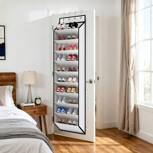 10 Tiers White Over Door Shoe Organizer Storage, Hanging Shoe Holder for Door with Large Deep Pockets, Fit 20-30 Pairs Shoe Rack for Sneakers, Boots. (White)