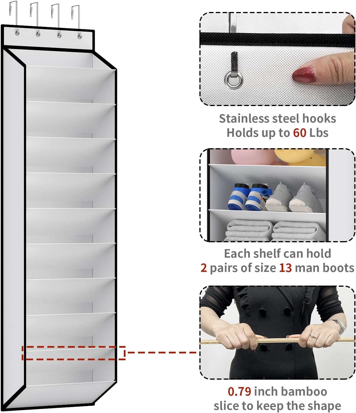 10 Tiers White Over Door Shoe Organizer Storage, Hanging Shoe Holder for Door with Large Deep Pockets, Fit 20-30 Pairs Shoe Rack for Sneakers, Boots. (White)