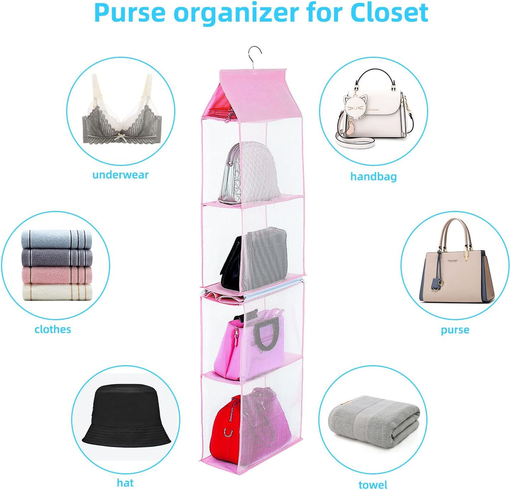 Closet Purse Organizer, Hanging Handbag Organizer with 4 Heavy-Duty Mesh Shelves Closet Purse Storage Bag (Pink)