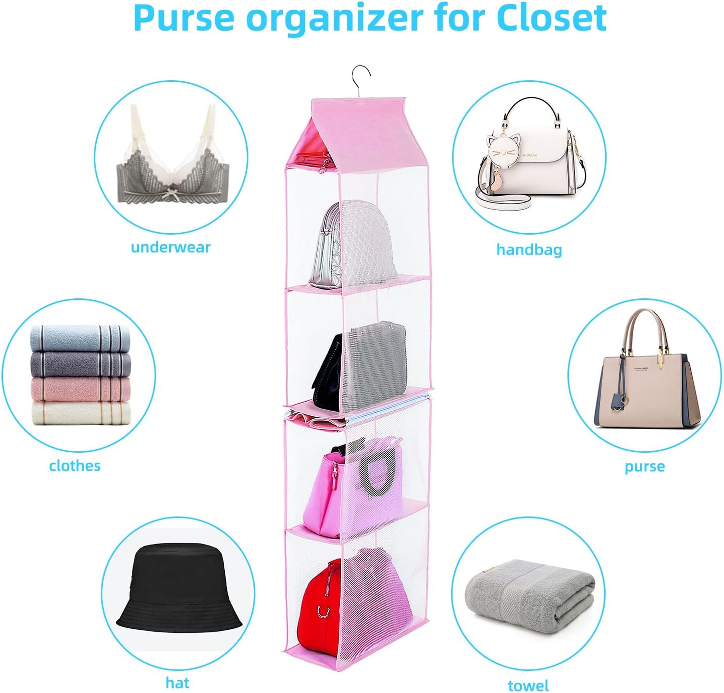 Closet Purse Organizer, Hanging Handbag Organizer with 4 Heavy-Duty Mesh Shelves Closet Purse Storage Bag (Pink)