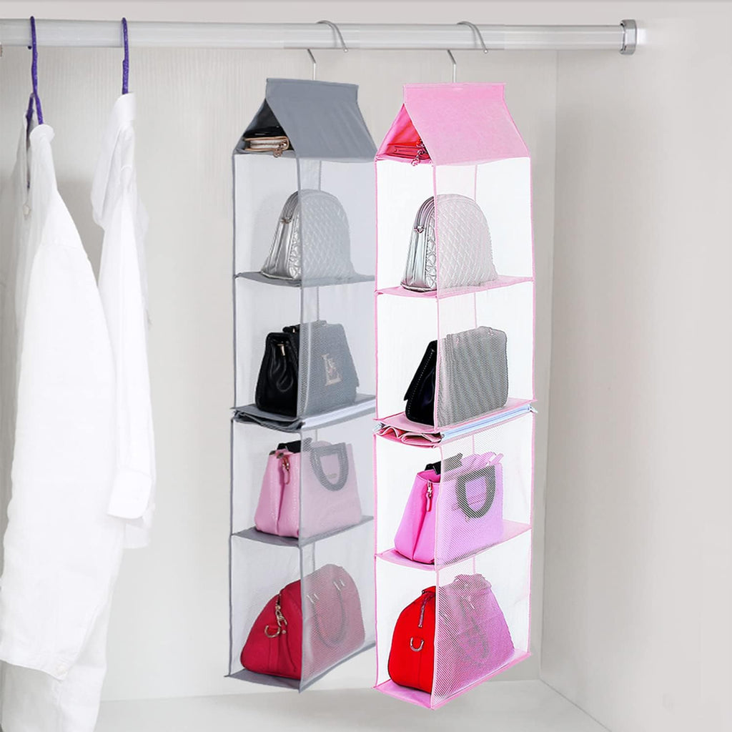 Closet Purse Organizer, Hanging Handbag Organizer with 4 Heavy-Duty Mesh Shelves Closet Purse Storage Bag (Pink)