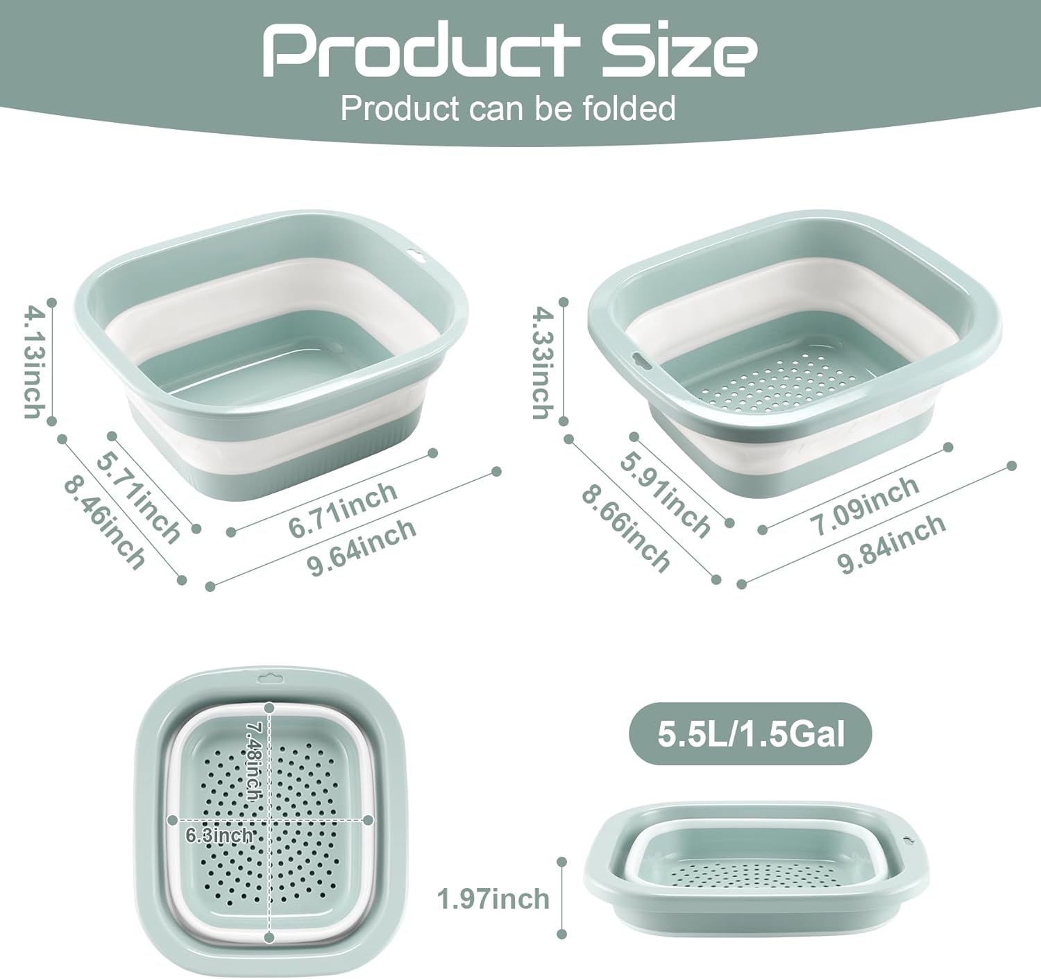 1.5 Gal (5.5L) Collapsible Dish Basin with Drain Basket Colanders, Multiuse Double-Layer Foldable Strainers Sink Tub, Wash Pan, Plastic Tubs, Dishpan, Kitchen Sink, Green -
