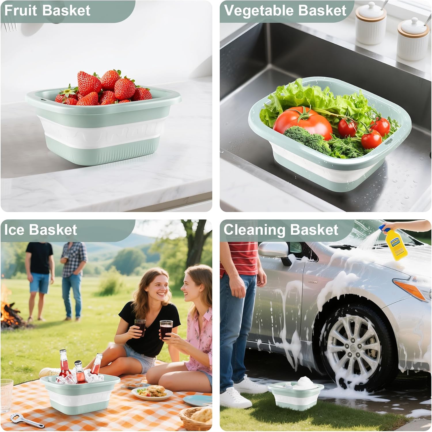 1.5 Gal (5.5L) Collapsible Dish Basin with Drain Basket Colanders, Multiuse Double-Layer Foldable Strainers Sink Tub, Wash Pan, Plastic Tubs, Dishpan, Kitchen Sink, Green -