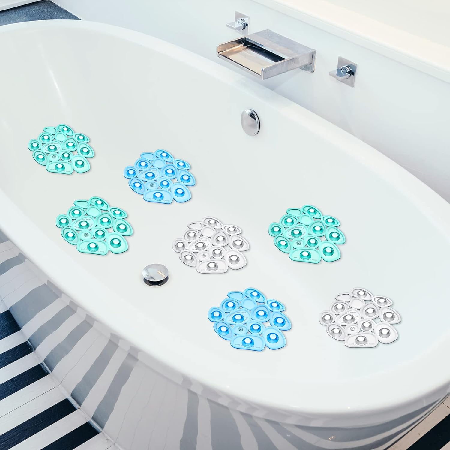 12 Counts Pebble Bath Treads Non Slip Bathtub Stickers with Suction Cups Mat for Smooth Surface Shower Floor Mat, Provides Traction Machine Washable(Green, Blue, Transparent) Green, Transparent -