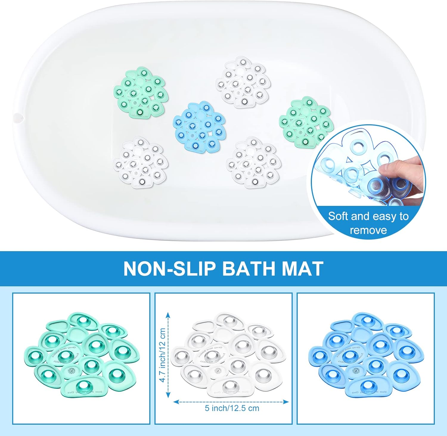 12 Counts Pebble Bath Treads Non Slip Bathtub Stickers with Suction Cups Mat for Smooth Surface Shower Floor Mat, Provides Traction Machine Washable(Green, Blue, Transparent) Green, Transparent -