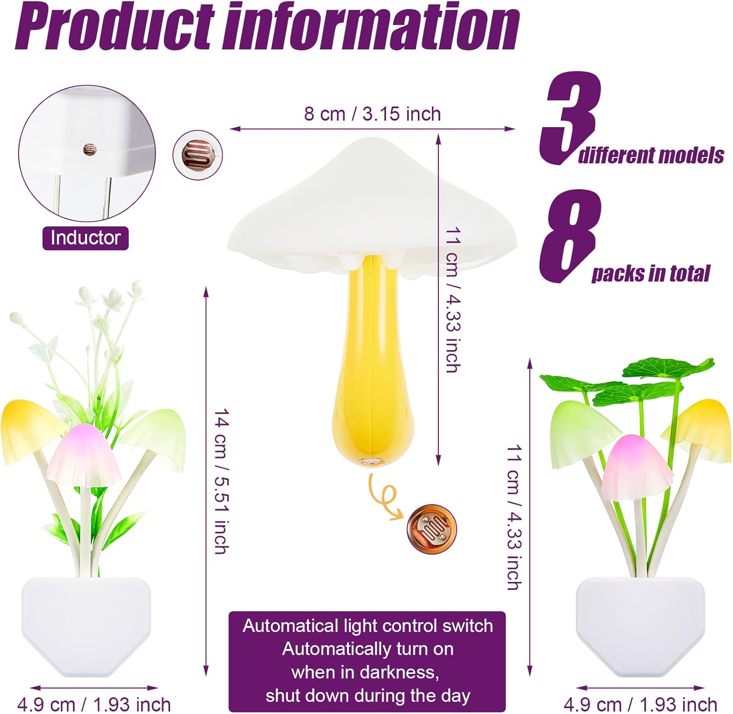 8 Pcs Mushroom Night Light 7 Color Changing Lights LED Lamp Plug into Wall Sensor Cute Plant for Bedroom, Bathroom, Stairs, Toilet, Hallway, Kitchen -