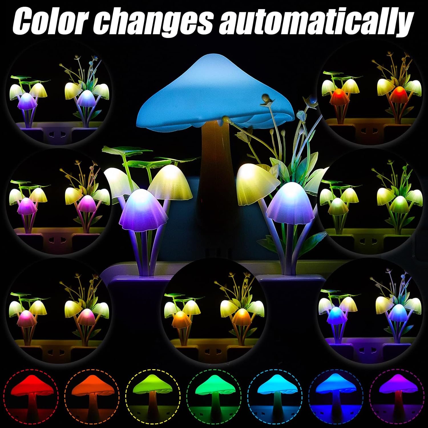 8 Pcs Mushroom Night Light 7 Color Changing Lights LED Lamp Plug into Wall Sensor Cute Plant for Bedroom, Bathroom, Stairs, Toilet, Hallway, Kitchen -